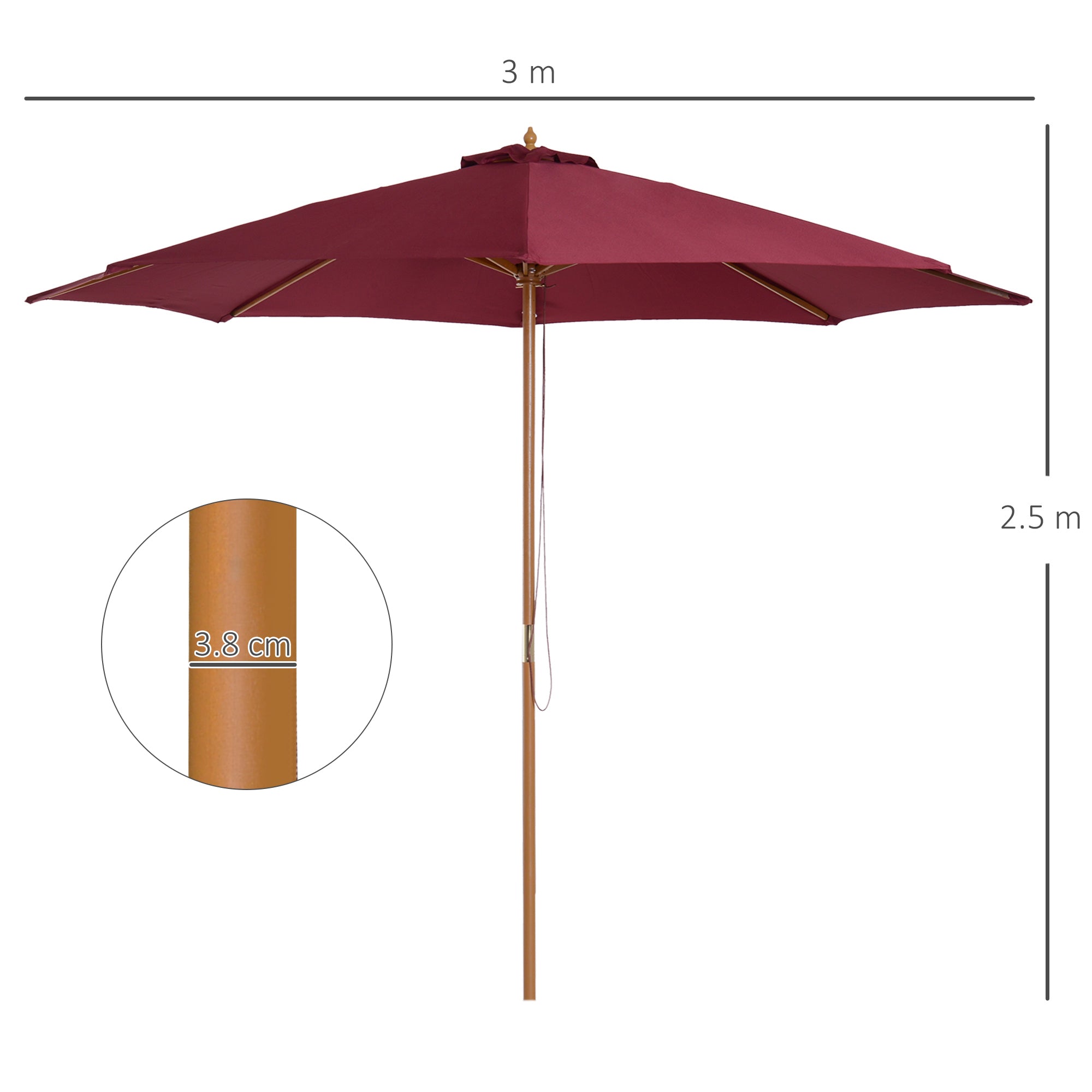 Outsunny 3(m) Garden Parasol, Pulley Operated Patio Umbrella, Wooden Table Market Umbrella with Rope Pulley Mechanism and 8 Ribs, Wine Red