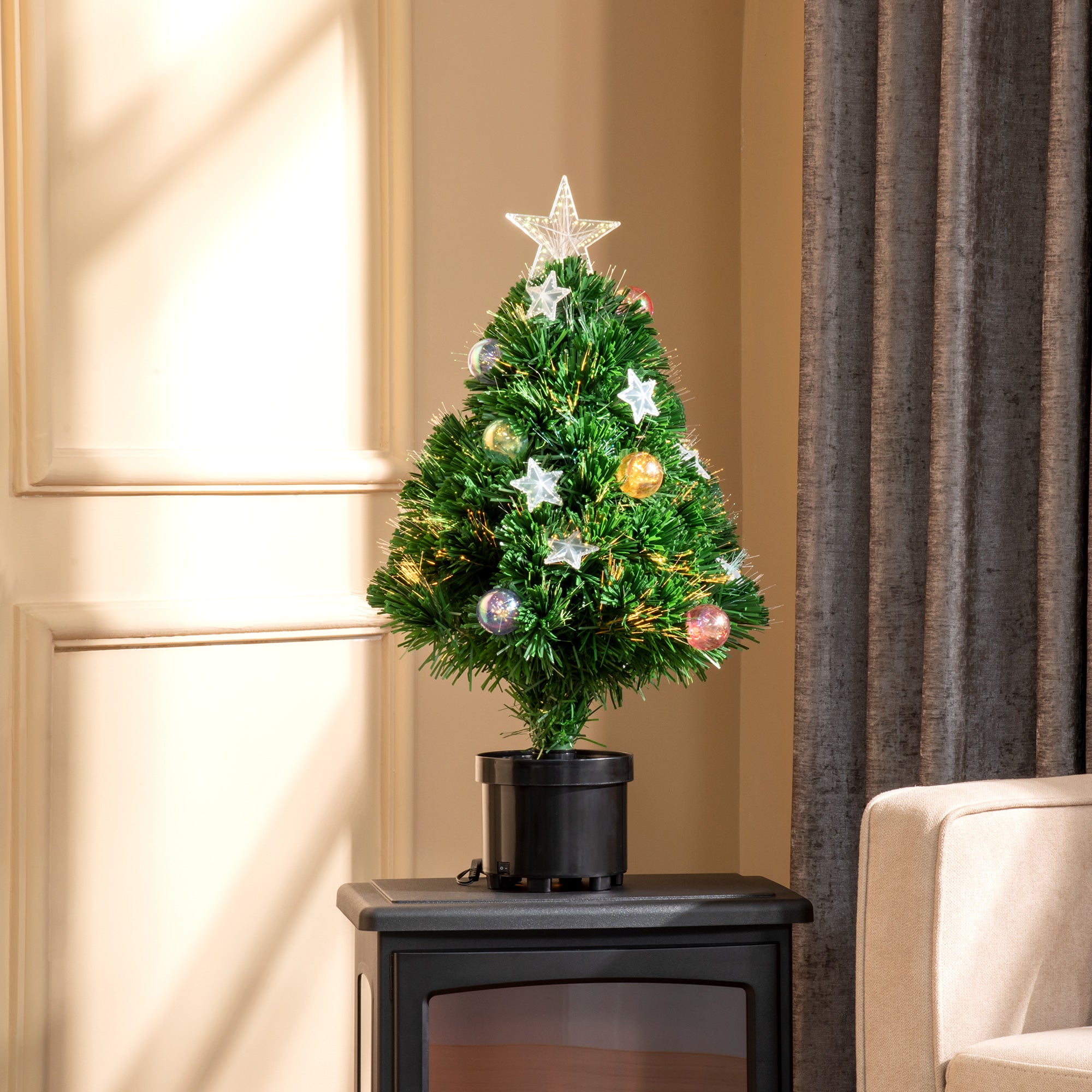 HOMCOM 2FT Pre-lit Artificial Christmas Tree Tabletop Multicoloured Fibre Optic Xmas Decoration w/ LED Lights Pot Table Desk - Green - North Peak Garden Furniture