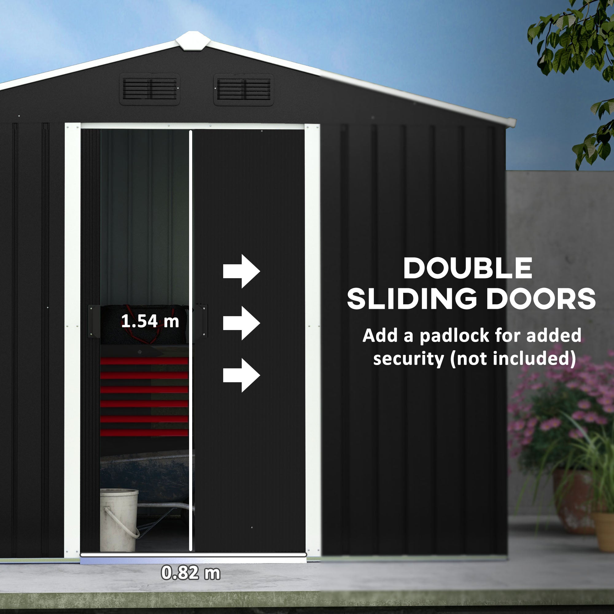Outsunny 7.7 x 5.7ft Metal Garden Shed, Galvanised Outdoor Tool Storage House with Ventilation Slots and Sliding Doors, Grey - North Peak Garden Furniture