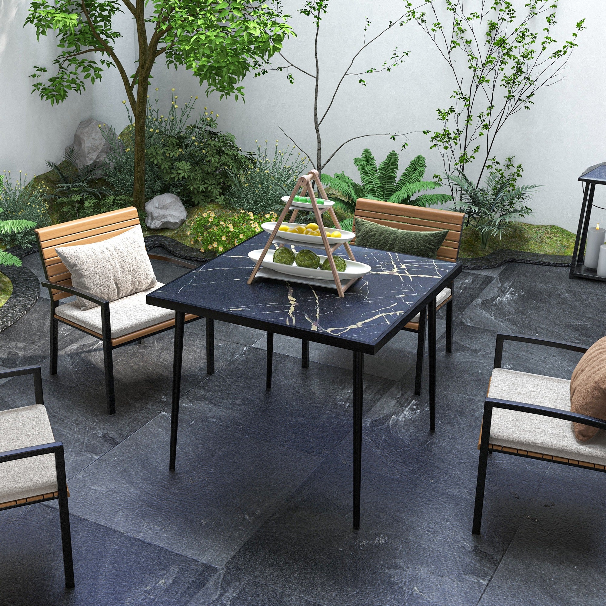 Outsunny Square Garden Table, Outdoor Dining Table for 4 with Marble Effect Tempered Glass Top and Steel Frame for Patio, Black - North Peak Garden Furniture