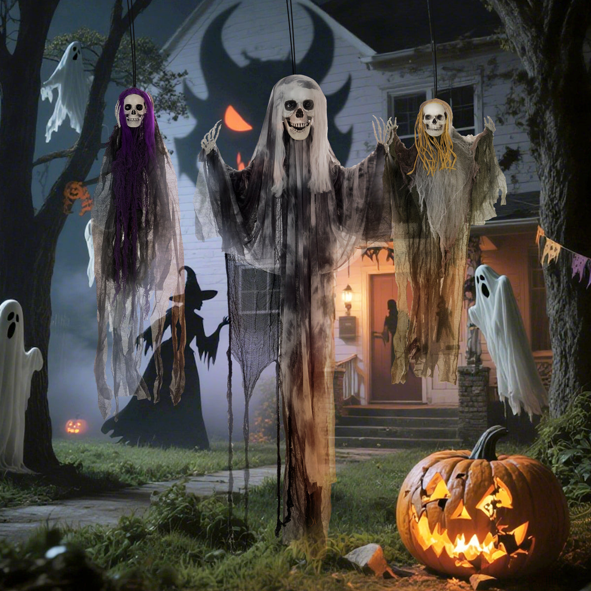 HOMCOM Set of 3 Hanging Skeleton Halloween Decorations, Scary Flying Ghost for Garden, Party, 90/110/170cm