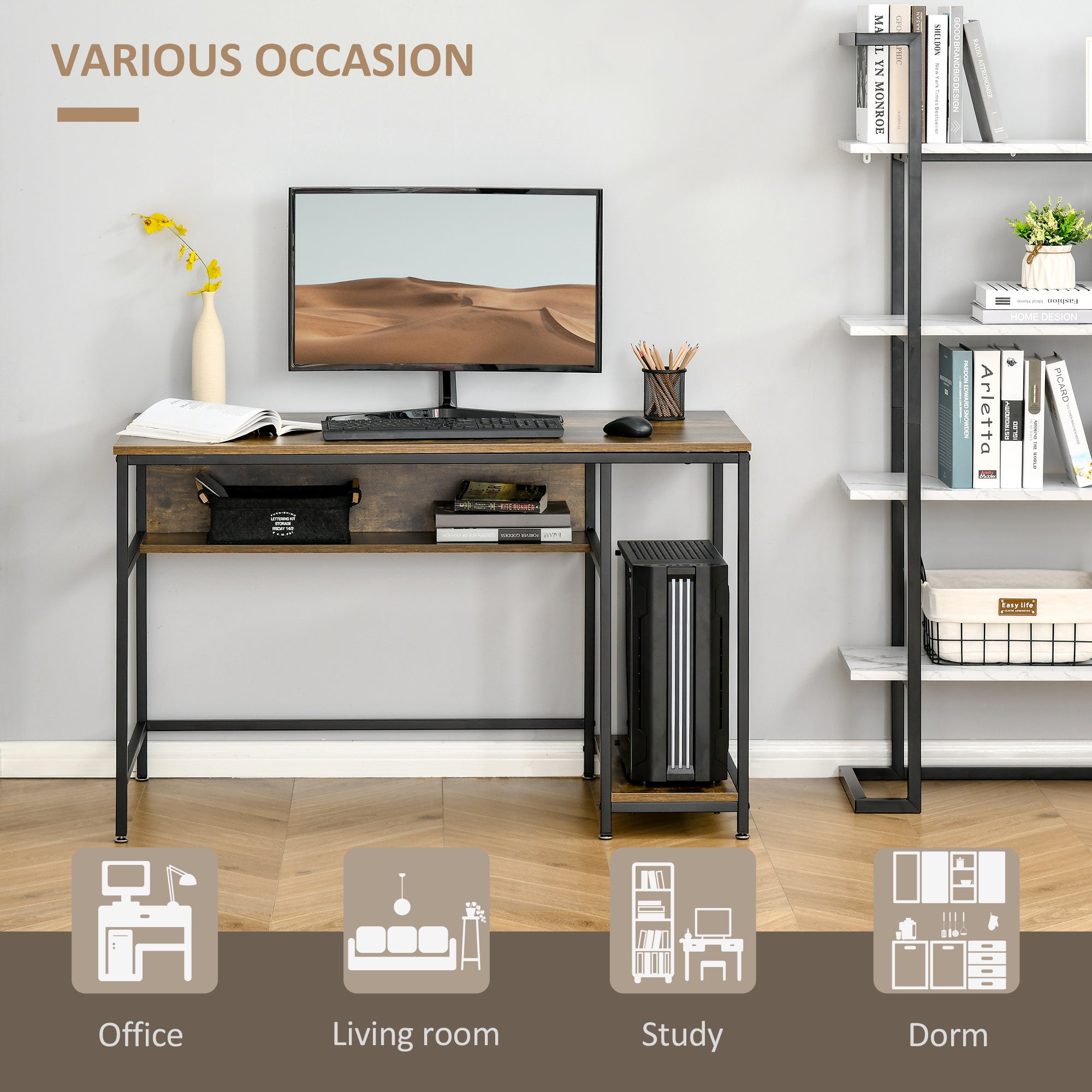 HOMCOM Computer Desk with Storage, 120 x 60cm Home Office Desk with 2 Shelves and Steel Frame, Writing Table for Living Room, Study, Rustic Brown - North Peak Garden Furniture