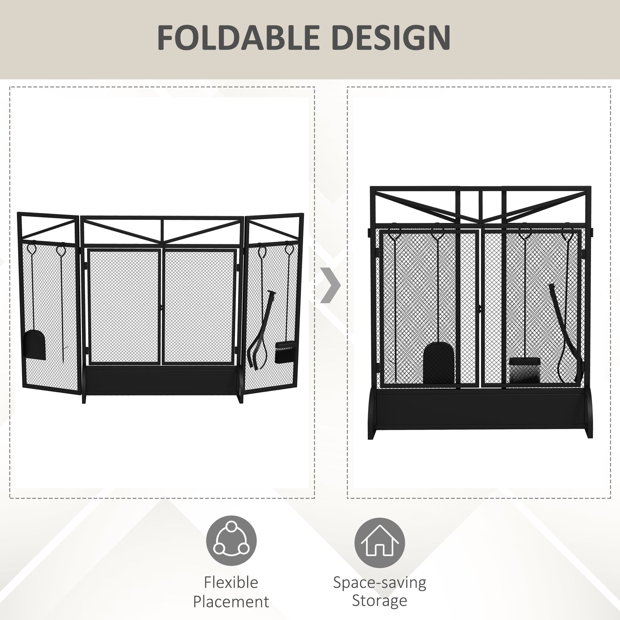 HOMCOM 3 Panel Folding Fire Guard Screen with Fireplace Tool Sets and Front Doors, Freestanding Fire Screen Spark Guard with Feet for Open Fire, Log Burner, Fireplace, 122 x77 cm, Black - North Peak Garden Furniture