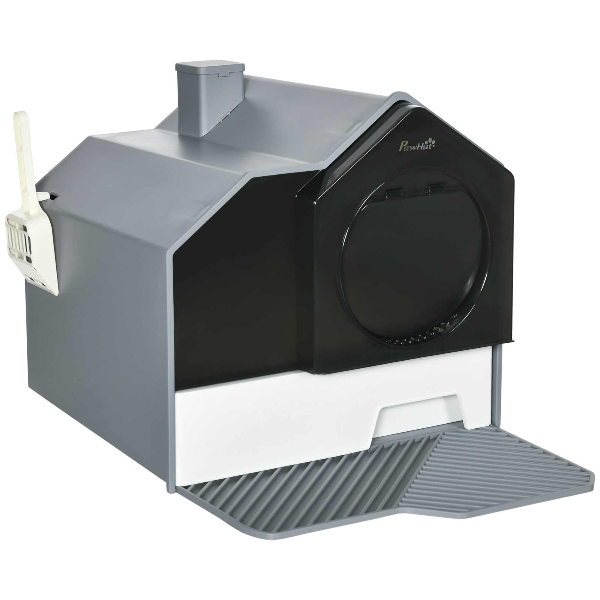PawHut Hooded Cat Litter Tray with Scoop, Cat Litter Box with Drawer Pan, Handle, Deodorants, Hut Design, Front Entrance, 47 x 45 x 42cm - Grey - North Peak Garden Furniture