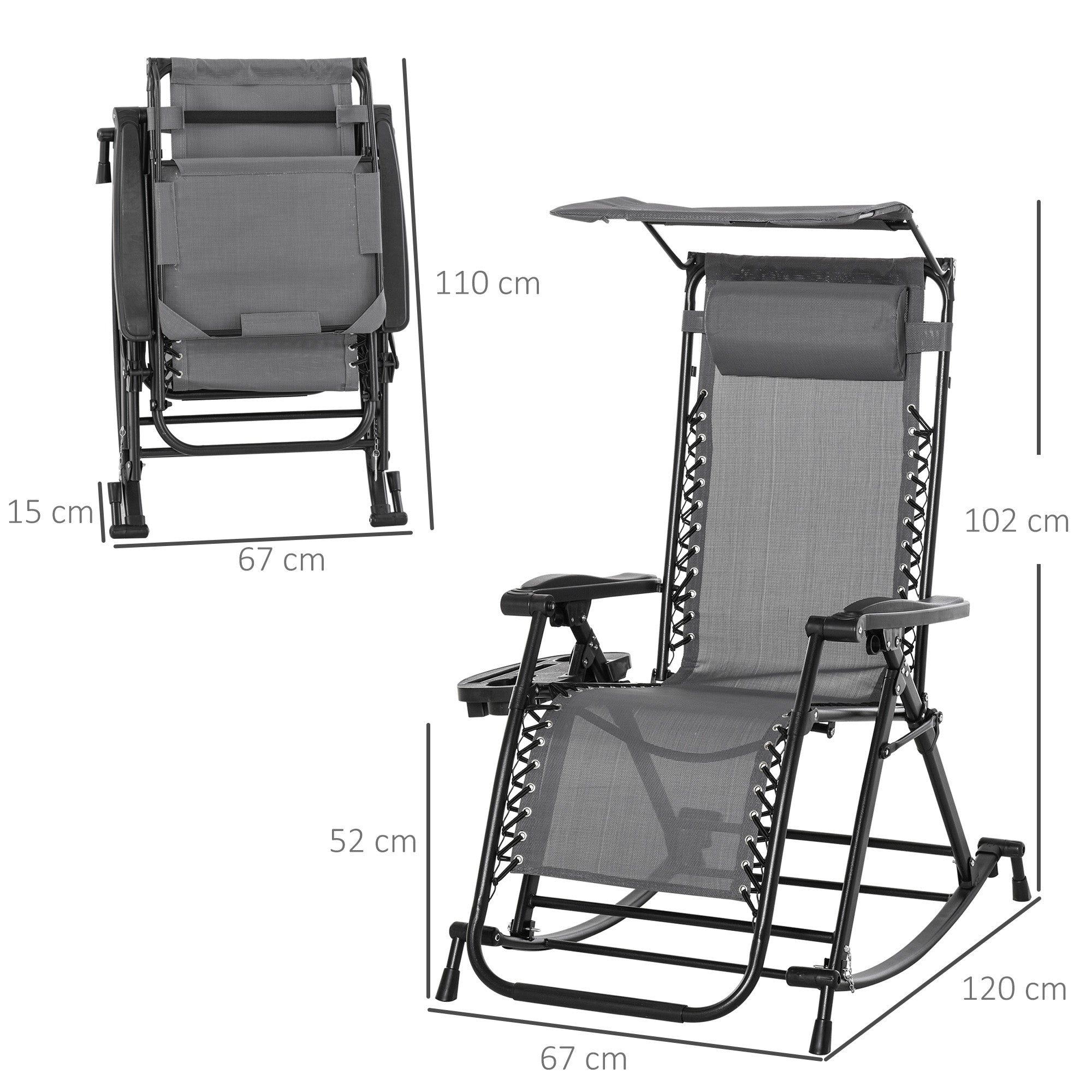 Outsunny Garden Rocking Chair Folding Recliner Outdoor Adjustable Sun Lounger Rocker Zero-Gravity Seat with Headrest Side Holder Patio Deck - Grey - North Peak Garden Furniture