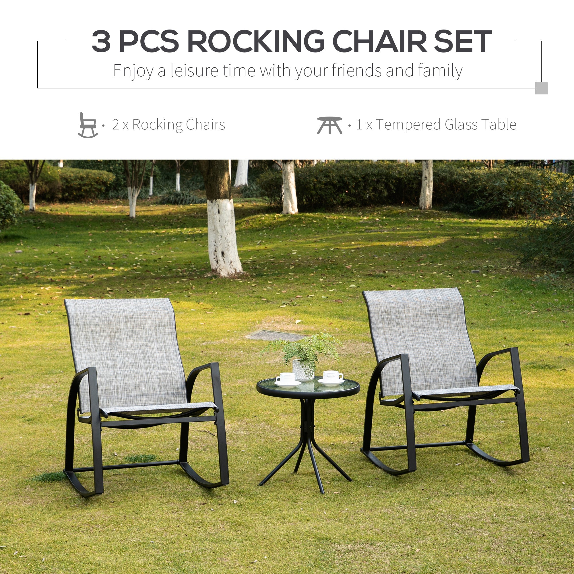 Outsunny Patio Bistro Set: 2 Rocking Chairs & Tempered Glass Table, Ideal for Garden & Poolside, Grey |