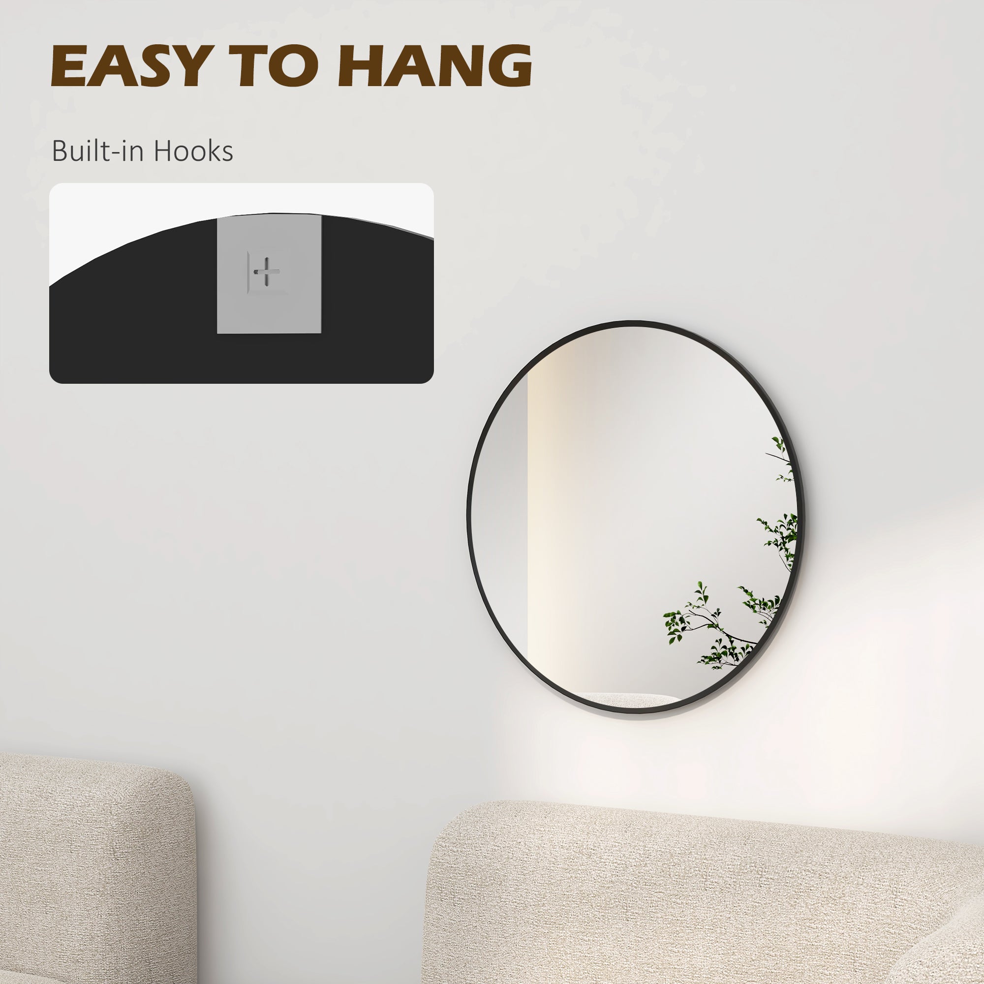 HOMCOM 61cm Decorative Wall Mirror for Bedroom Living Room, Modern Round Bathroom Mirror for Home Decor, Black - North Peak Garden Furniture