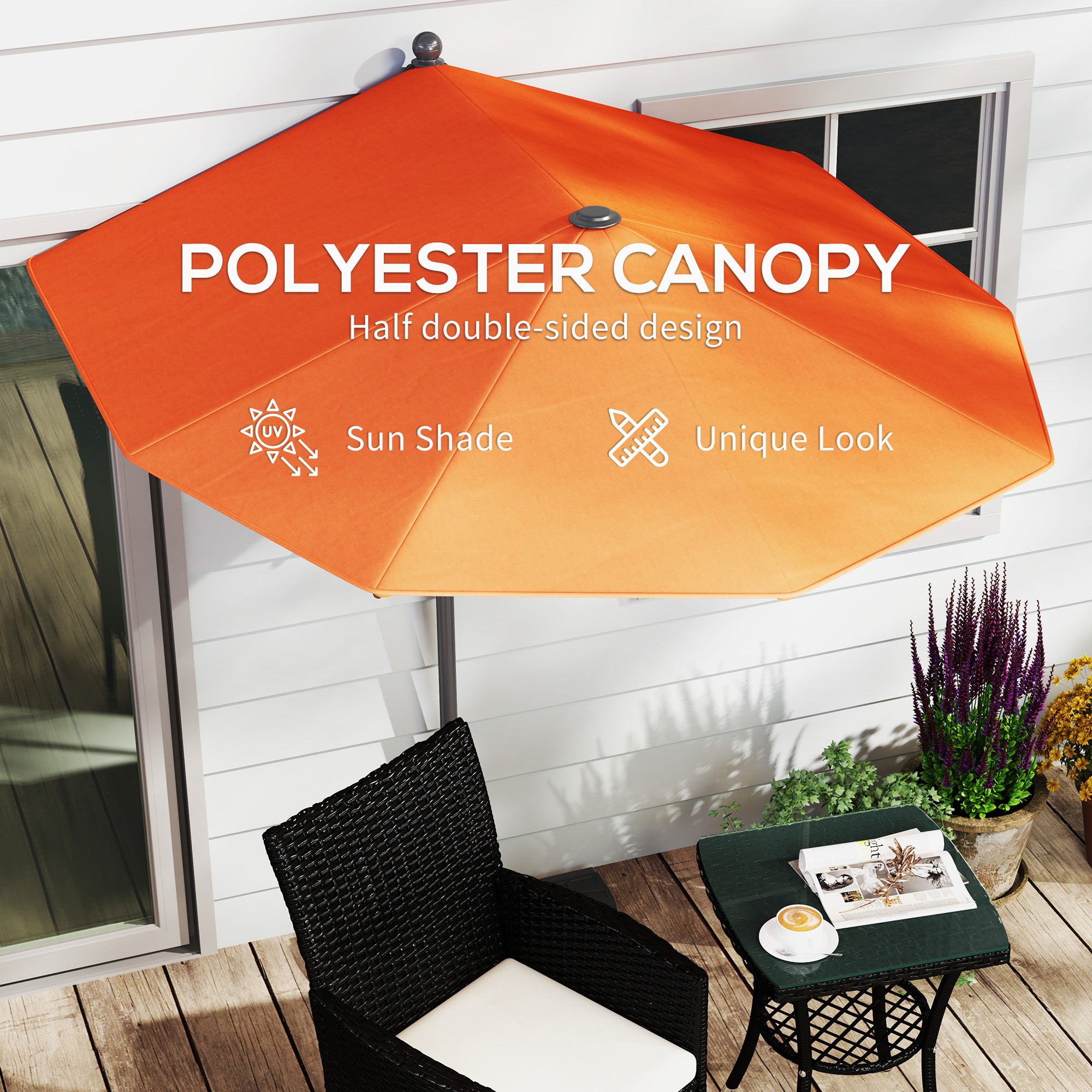 Outsunny 2m Half Parasol Market Umbrella Garden Balcony Parasol with Crank Handle, Cross Base, Double-Sided Canopy, Orange - North Peak Garden Furniture