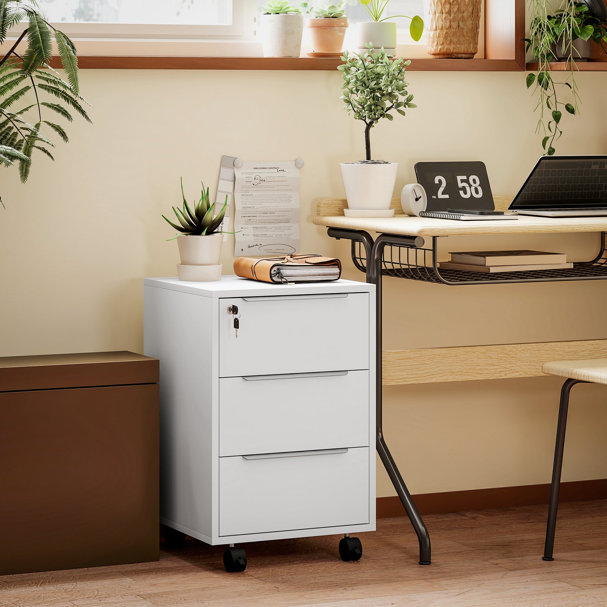 HOMCOM Three-Drawer Locking Filing Cabinet - White - North Peak Garden Furniture