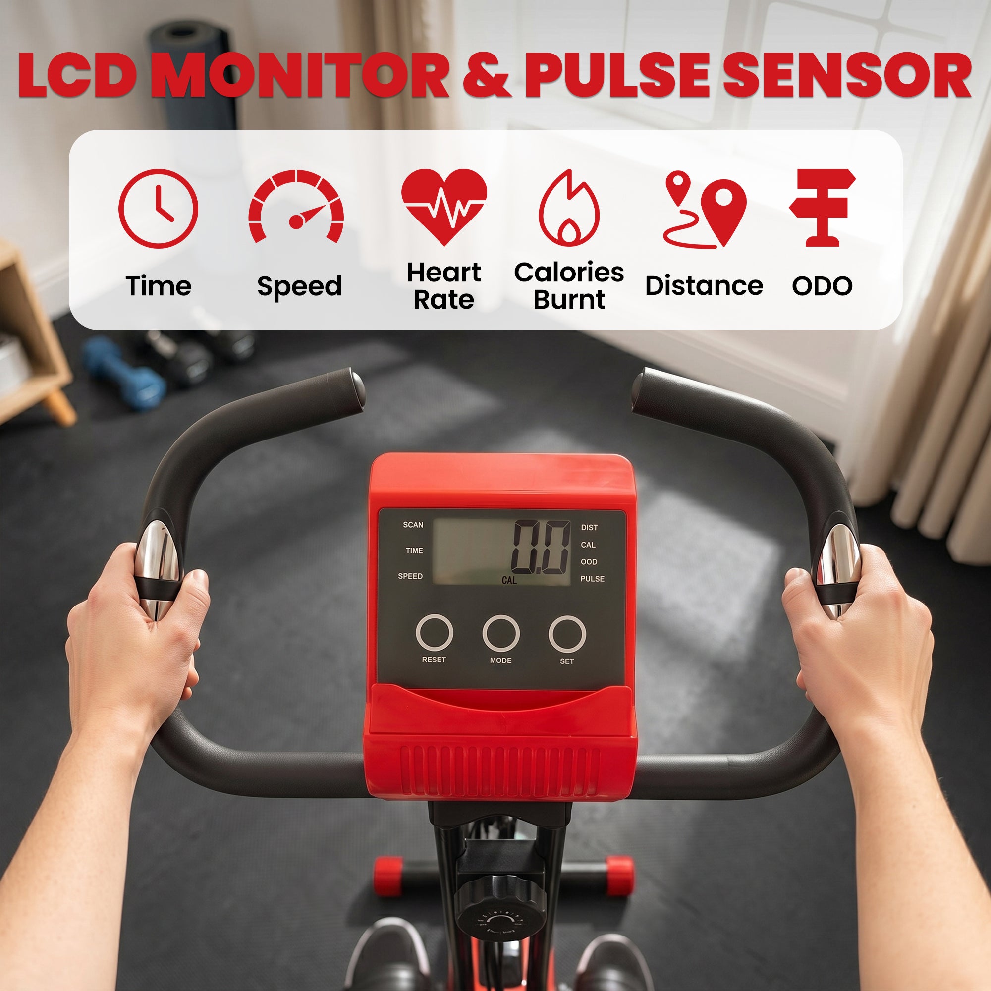 HOMCOM 2-in-1 Folding Exercise Bike with 8-Level Magnetic Resistance, Arm Resistance Band, Pulse Sensor, Red