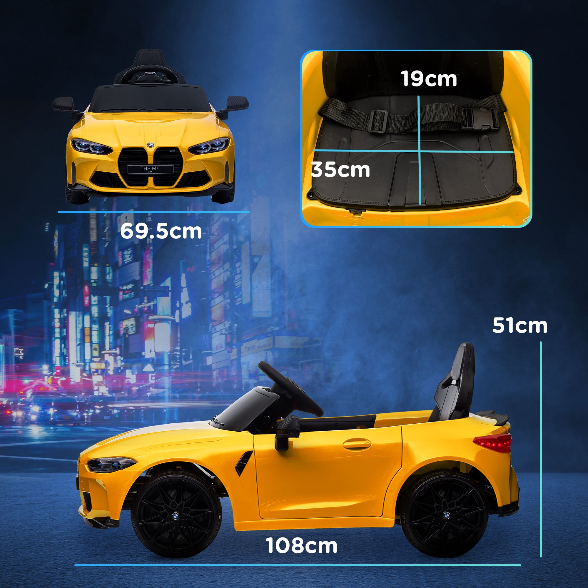 AIYAPLAY 12V BMW M4 Licensed Kids Car with Easy Transport, Remote Control, Suspension, Music, Horn, LED Lights, Yellow - North Peak Garden Furniture
