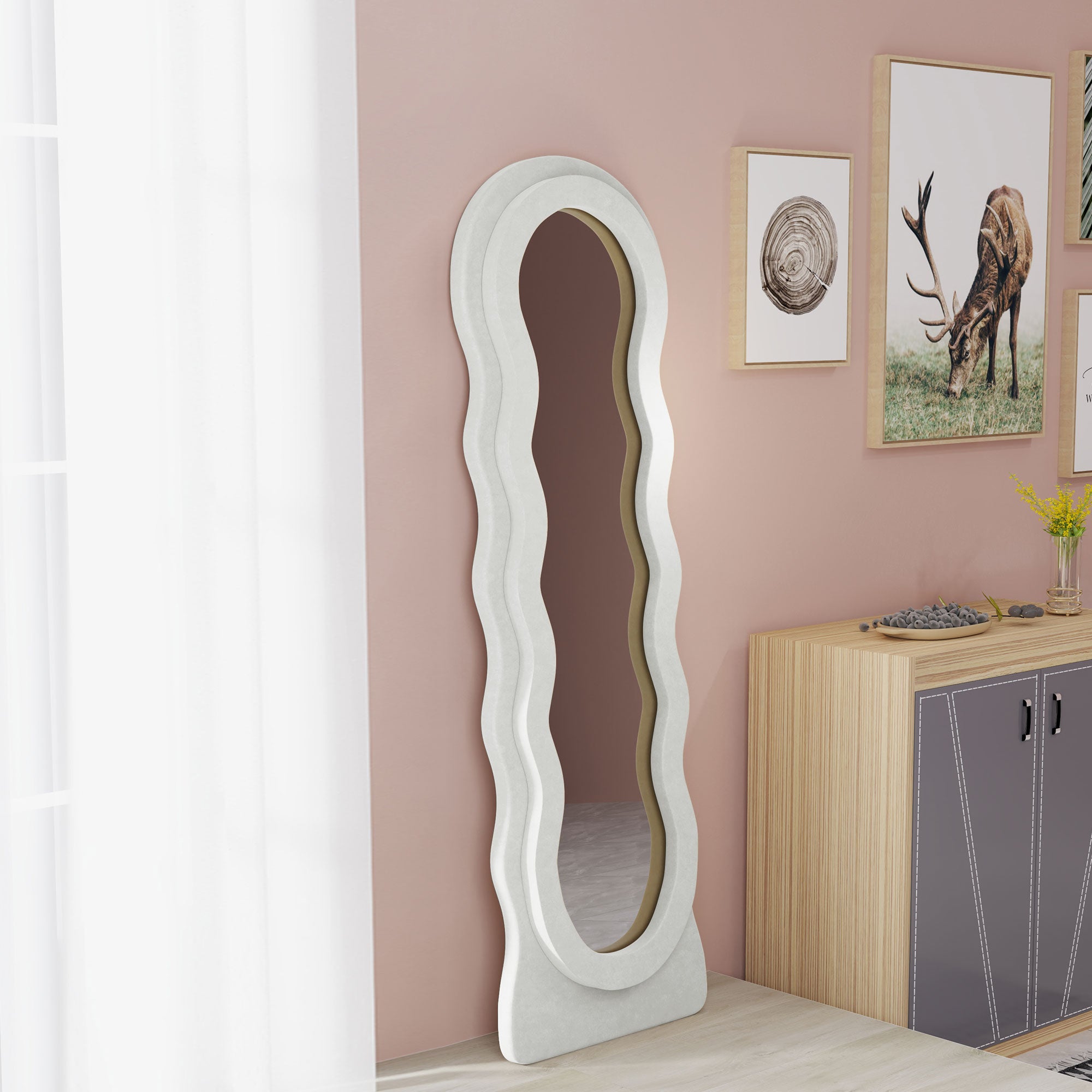 HOMCOM Wavy Velvet-Feel Full Length Mirror - White - North Peak Garden Furniture