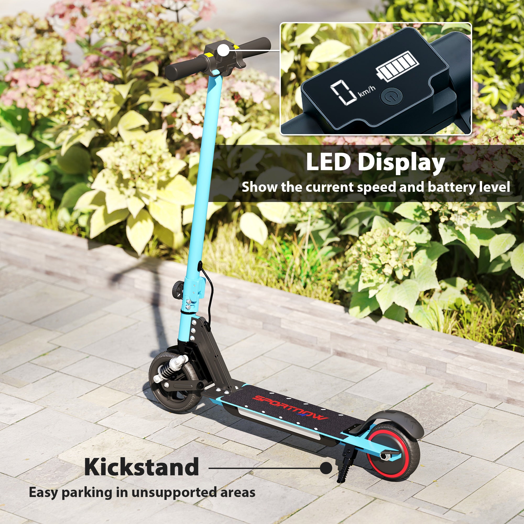 SPORTNOW Folding Electric Scooter for Kids Age 6-14 with Dual Brakes, Front Suspension, LED Colourful Lights and Display, 6.8kg Lightweight Aluminium E Scooter, Up to 14 KM/H & 6 KM, Blue - North Peak Garden Furniture