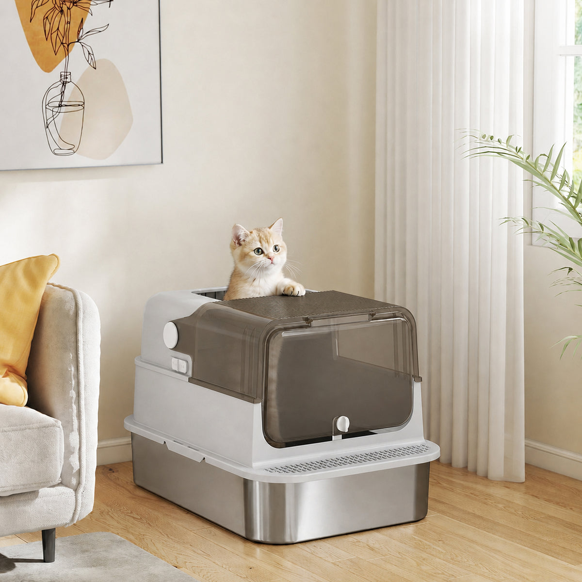 PawHut XXL Stainless Steel Cat Litter Tray, Enclosed Cat Litter Box with 90° Flip Cover, Double Doors, Scoop, Easy Clean, Grey