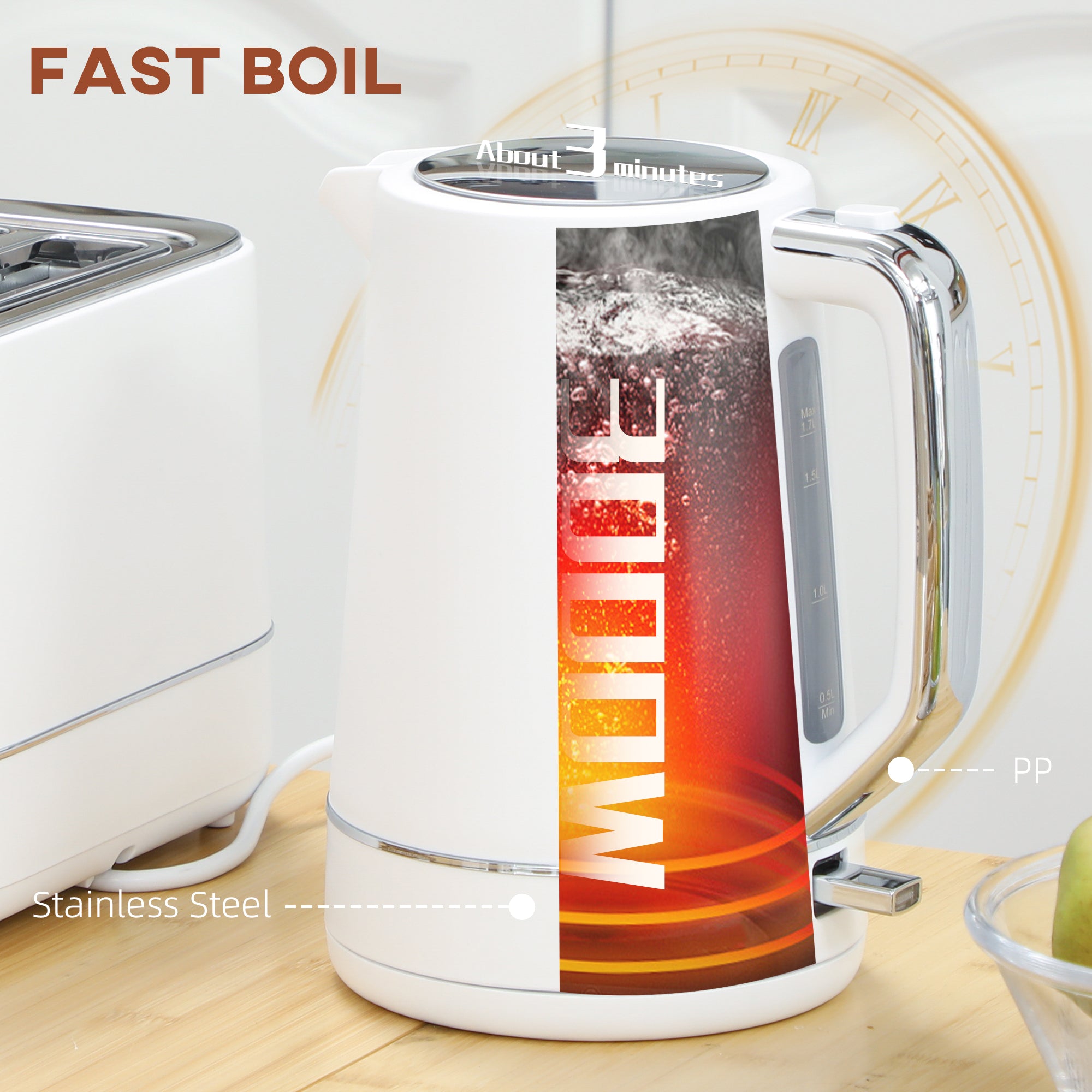 HOMCOM Kettle and Toaster Set, 1.7L 3000W Fast Boil Kettle & 2 Slice Toaster Kitchen Set with 6 Level Browning Controls, Defrost, Reheat, White - North Peak Garden Furniture