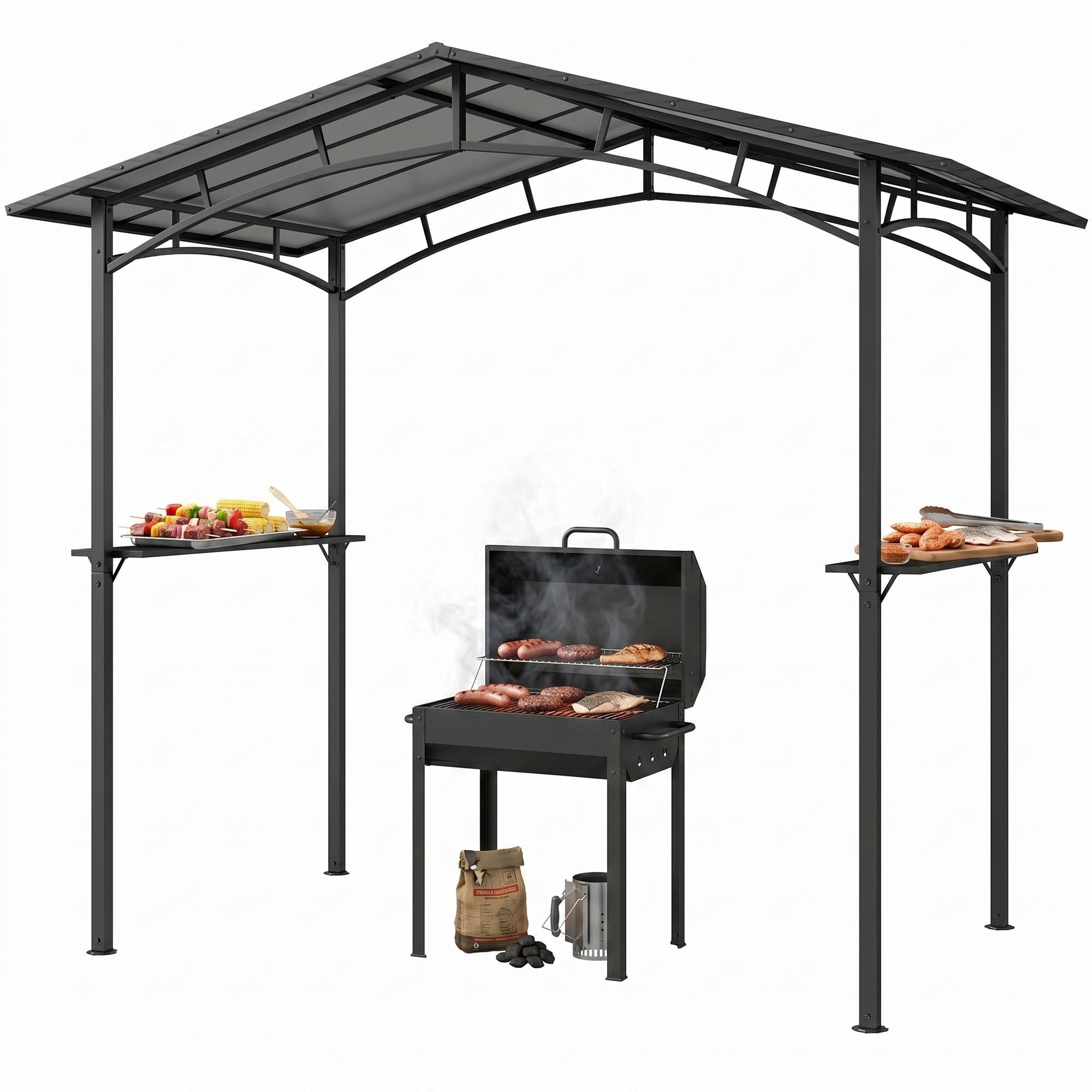 Outsunny 8ft x 5ft Outdoor BBQ Protective Gazebo Tent Aluminium Steel Frame w/ 2 Shelves Hardtop Roof Canopy Ground Stakes Safe Cooking