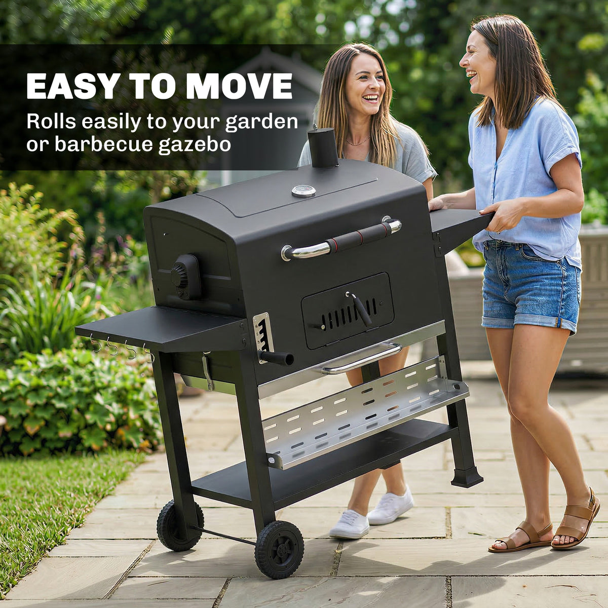 Outsunny Charcoal BBQ Grill Smoker with Electric Rotisserie Kit, Portable Barbecue Grill with Warming Rack, Black