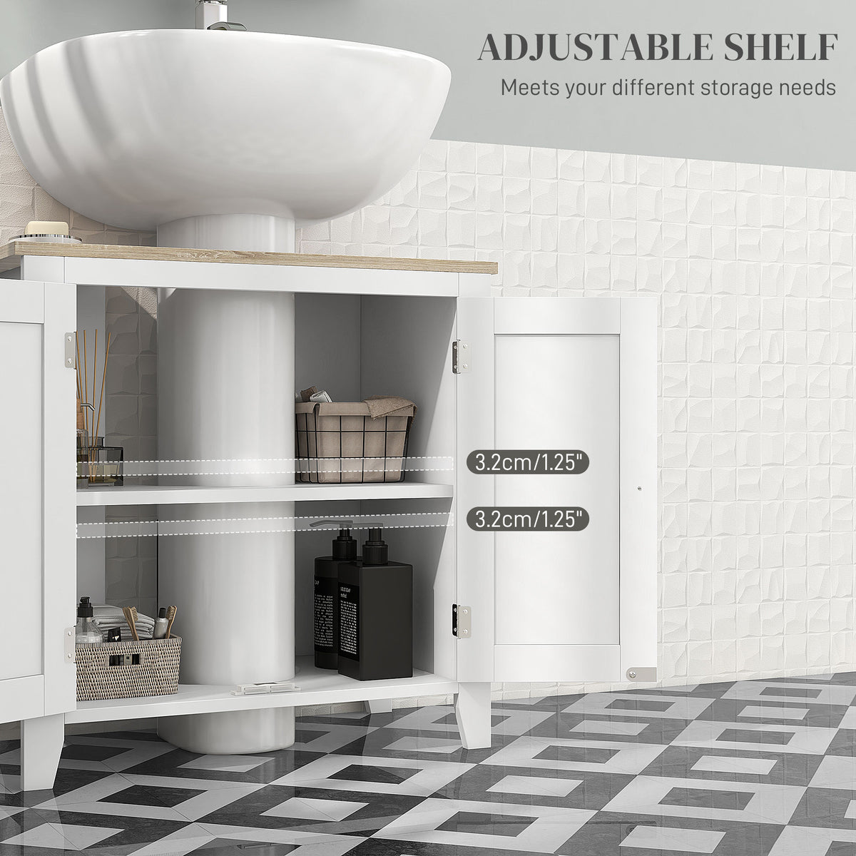kleankin Bathroom Sink Cabinet, Bathroom Floor Storage Cabinet with 2 Doors Pedestal Under Sink Design, Space Saver Organizer Freestanding with Internal Adjustable Shelf, White - North Peak Garden Furniture