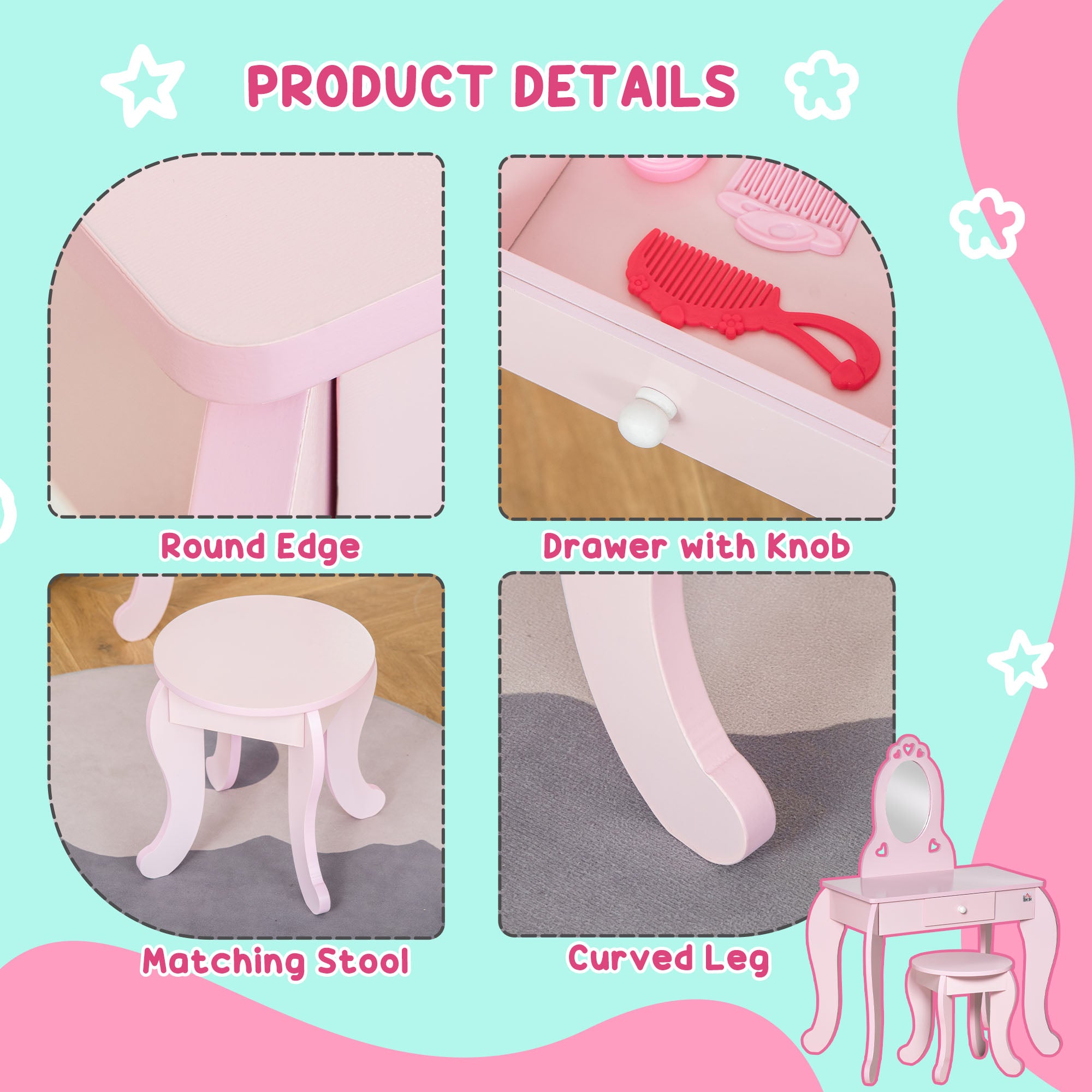 HOMCOM Kids Vanity Table & Stool Girls Dressing Set Make Up Desk Chair Dresser Play Set with Mirror Pink - North Peak Garden Furniture