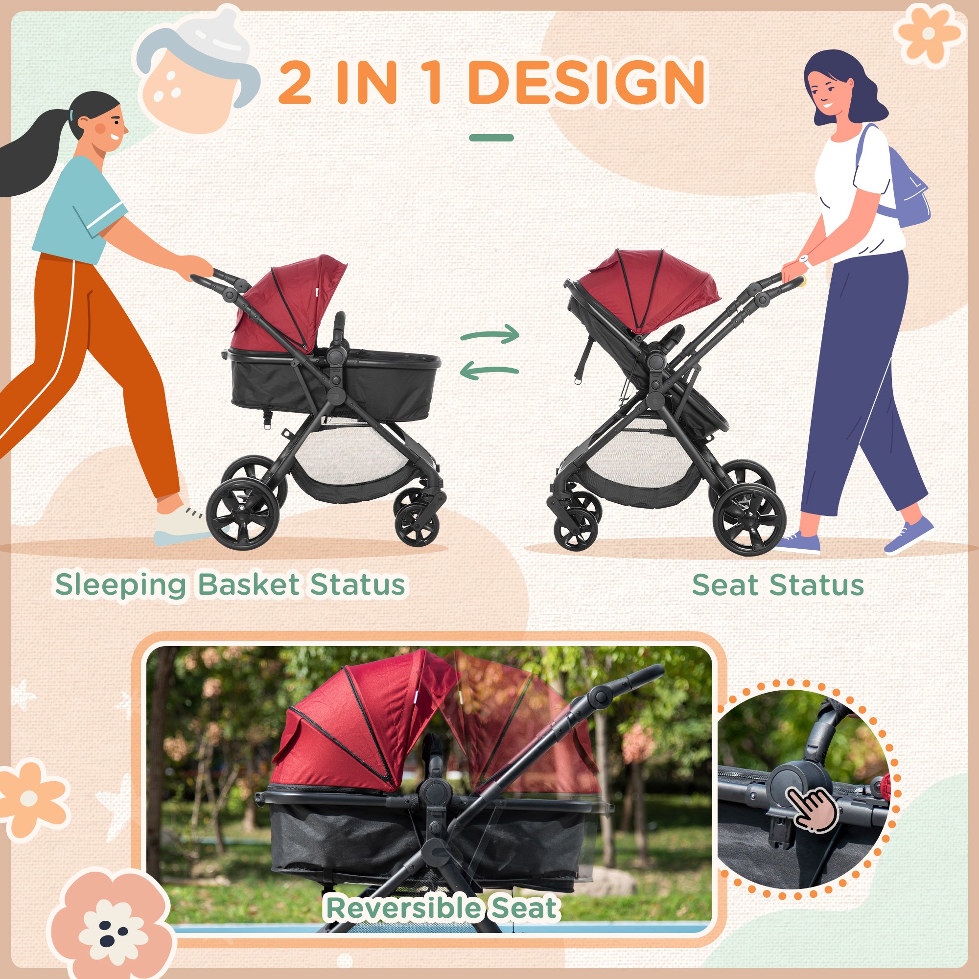 HOMCOM Foldable Baby Stoller, with Reclining Backrest, Adjustable Canopy, for Ages 0-36 Months - Red