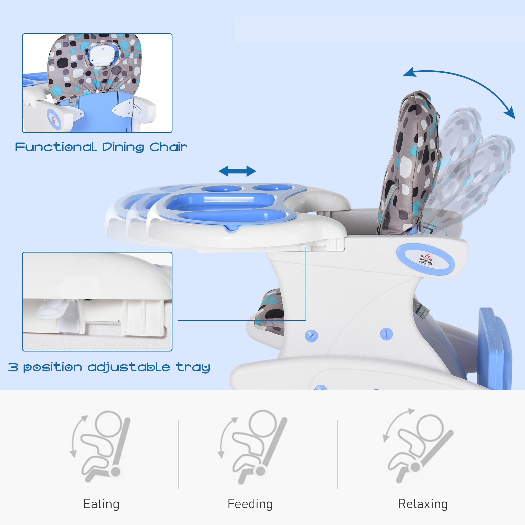 HOMCOM 2 in 1 Convertible Baby High Chair Toddler Table Chair Infant Feeding Seat Removable Food Tray Safety Harness Blue - North Peak Garden Furniture