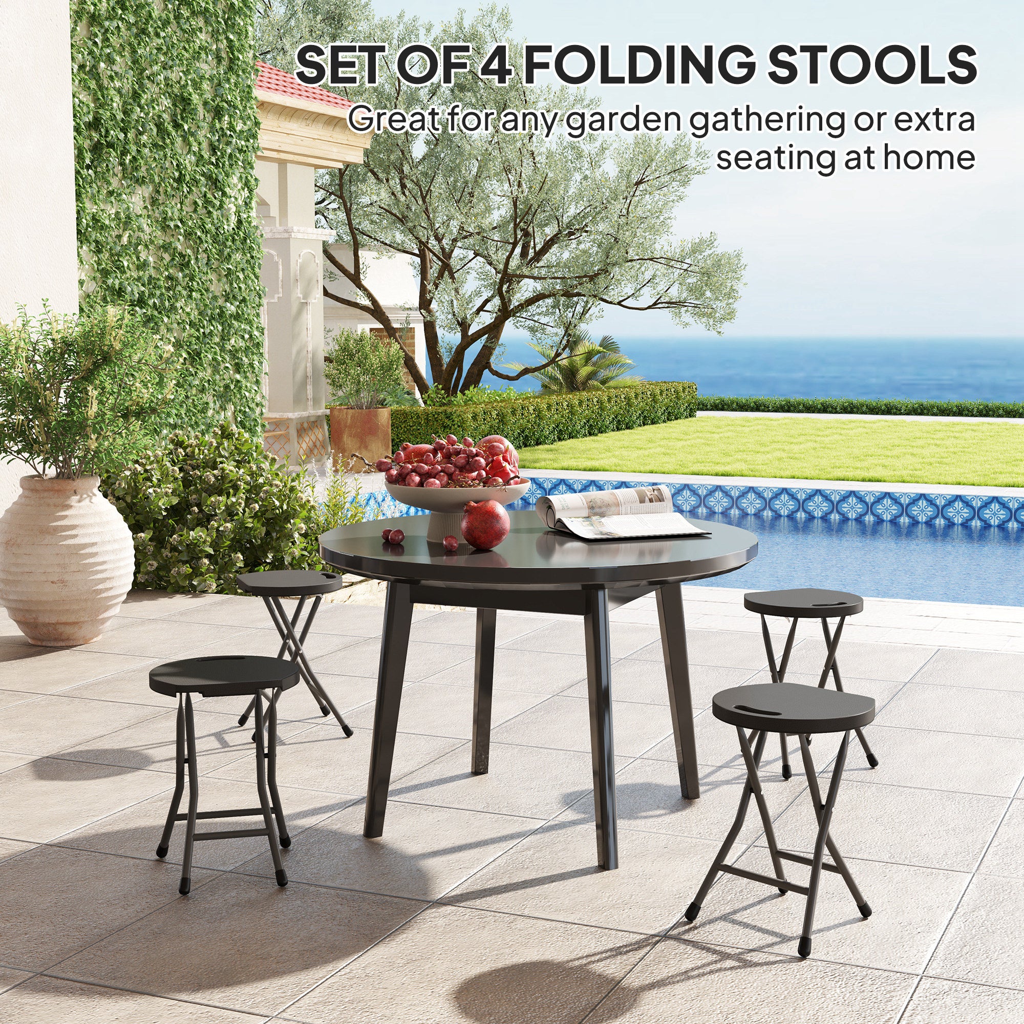 Outsunny Folding Stool Set of 4, Decorative Garden Stool Set with Safety Latch, Foldable Garden Stools with Powder-Coated Steel Legs HDPE Seat and Handle for Indoor and Outdoor, Charcoal Grey - North Peak Garden Furniture