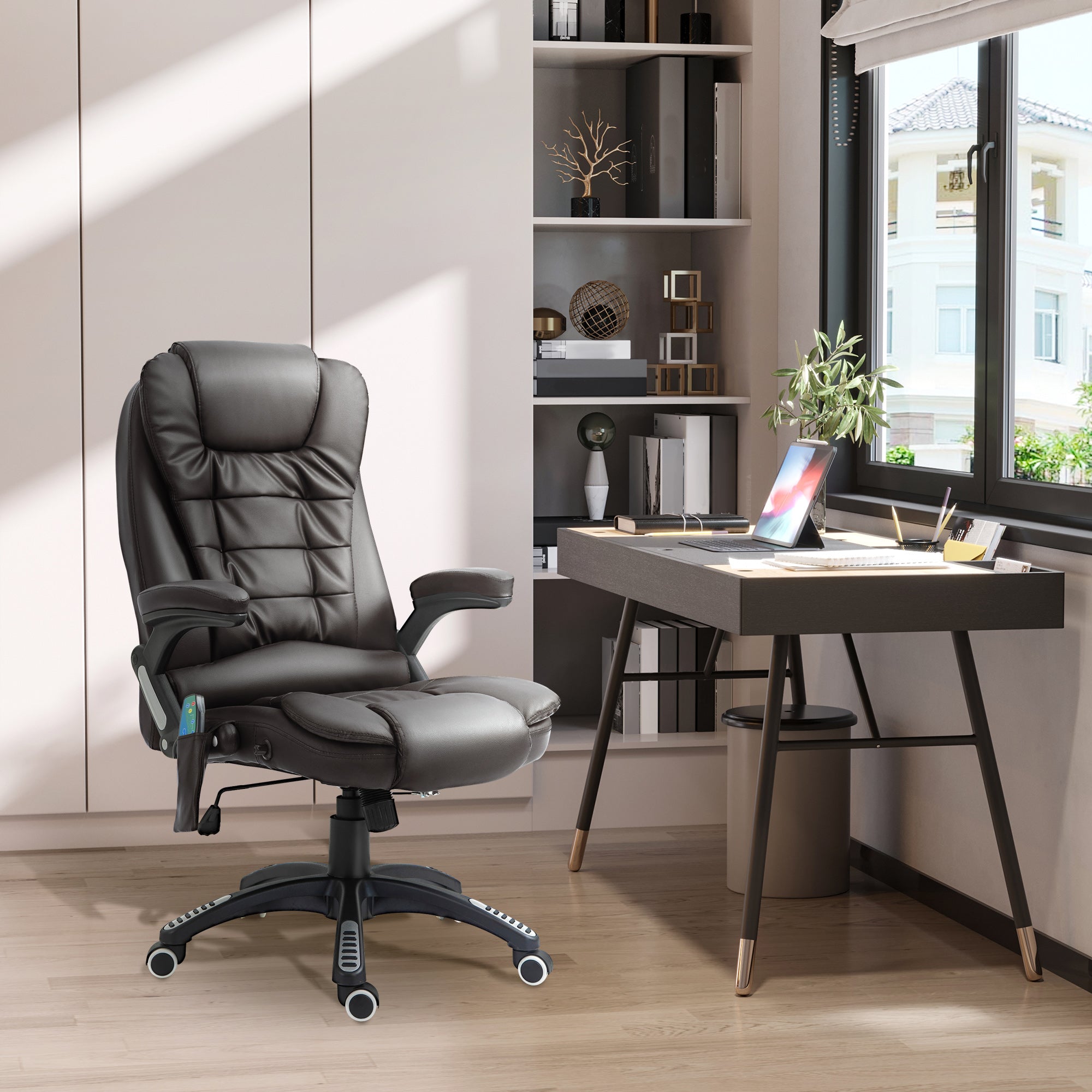 HOMCOM Executive Office Chair with Massage and Heat, High Back PU Leather Massage Office Chair with Adjustable Height, Brown - North Peak Garden Furniture