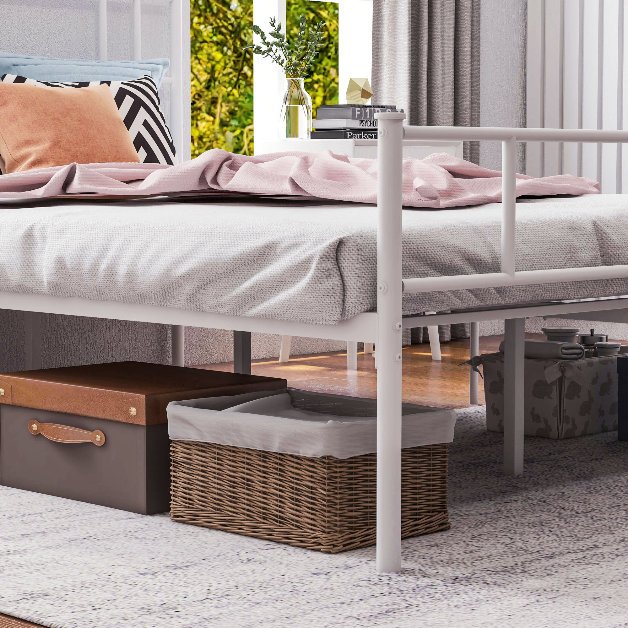 HOMCOM Double Metal Bed Frame Solid Bedstead Base with Headboard and Footboard, Metal Slat Support and Underbed Storage Space, Bedroom Furniture, White - North Peak Garden Furniture
