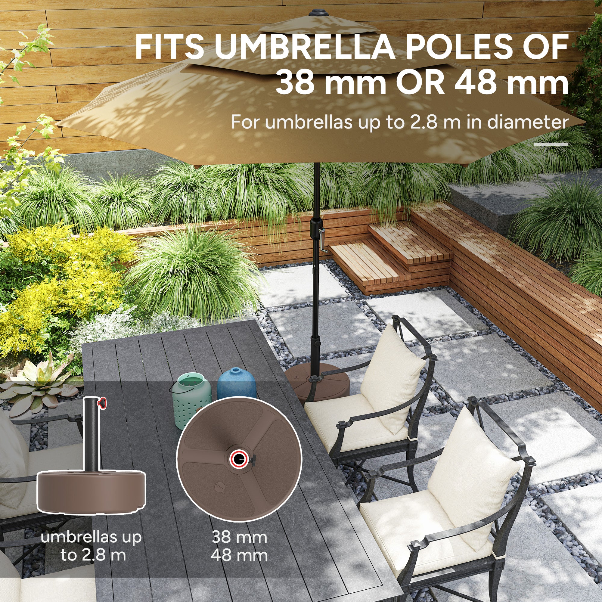 Outsunny Round Garden Parasol Base, Garden Umbrella Stand Heavy Duty Parasol Base, Filled Up to 20kg with Stand or 18kg with Water for 38, 48 mm Poles, Black - North Peak Garden Furniture