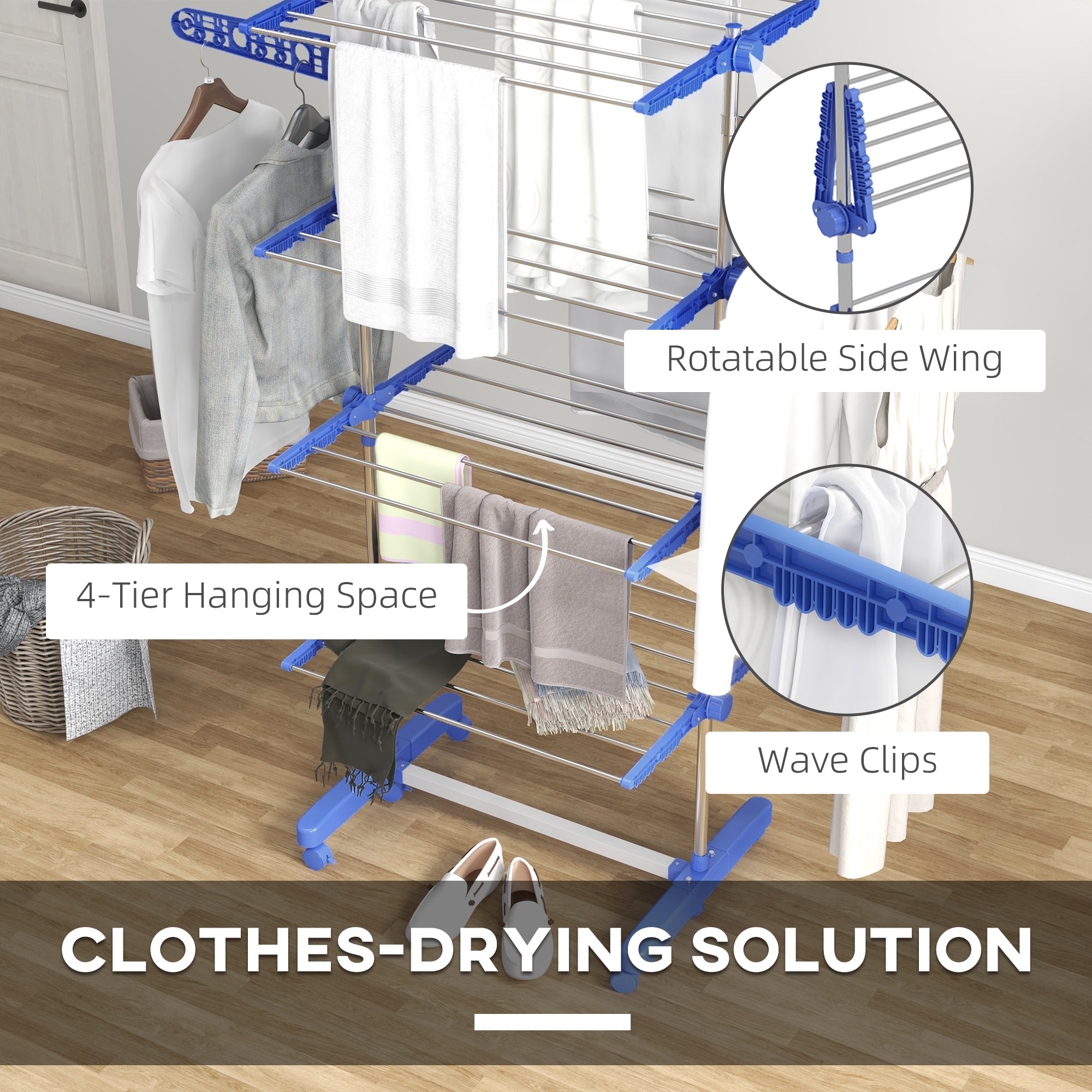 HOMCOM Four-Shelf Collapsing Clothes Horse, With Side Arms and Wheels - Blue - North Peak Garden Furniture