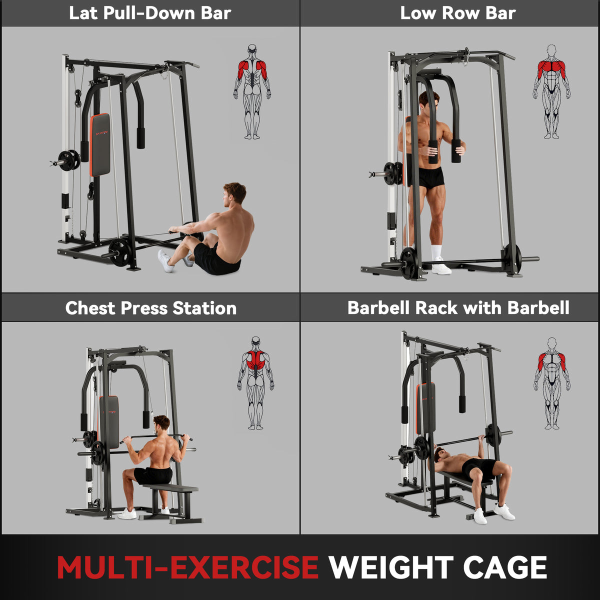 SPORTNOW 3-in-1 Smith Machine with Dual Cable Pulley System, Chest Press Station, 17-Level Squat Rack and Barbell Bar