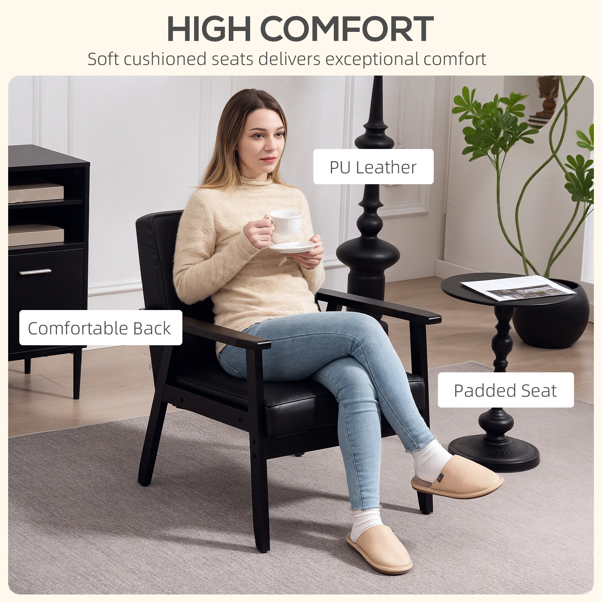 HOMCOM Retro-Style Accent Chair, with Faux Leather Seat - Black - North Peak Garden Furniture