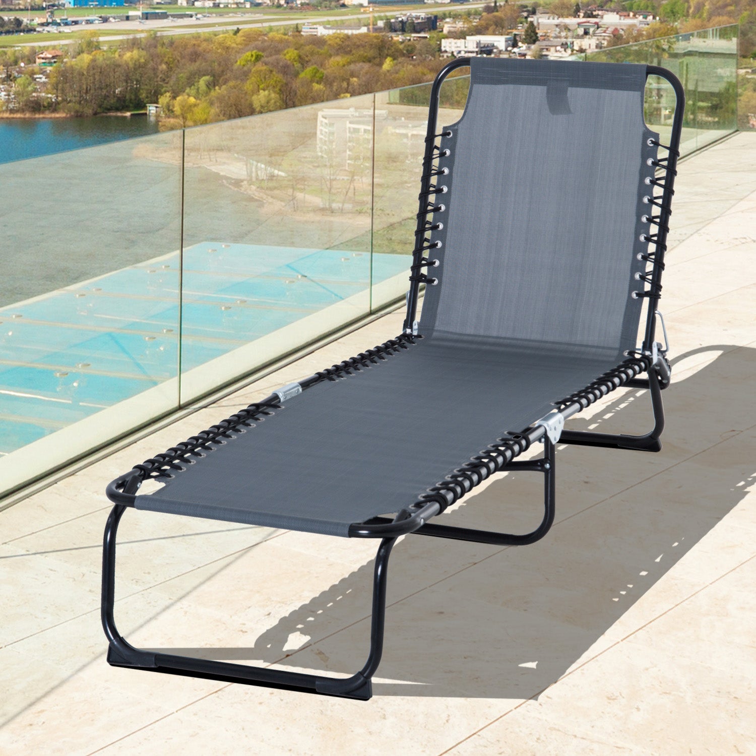 Outsunny Foldable Sun Lounger, Outdoor 4 Level Adjustable Backrest Reclining Chaise Chair, Steel Frame Recliner Chair for Camping, Hiking, Grey - North Peak Garden Furniture