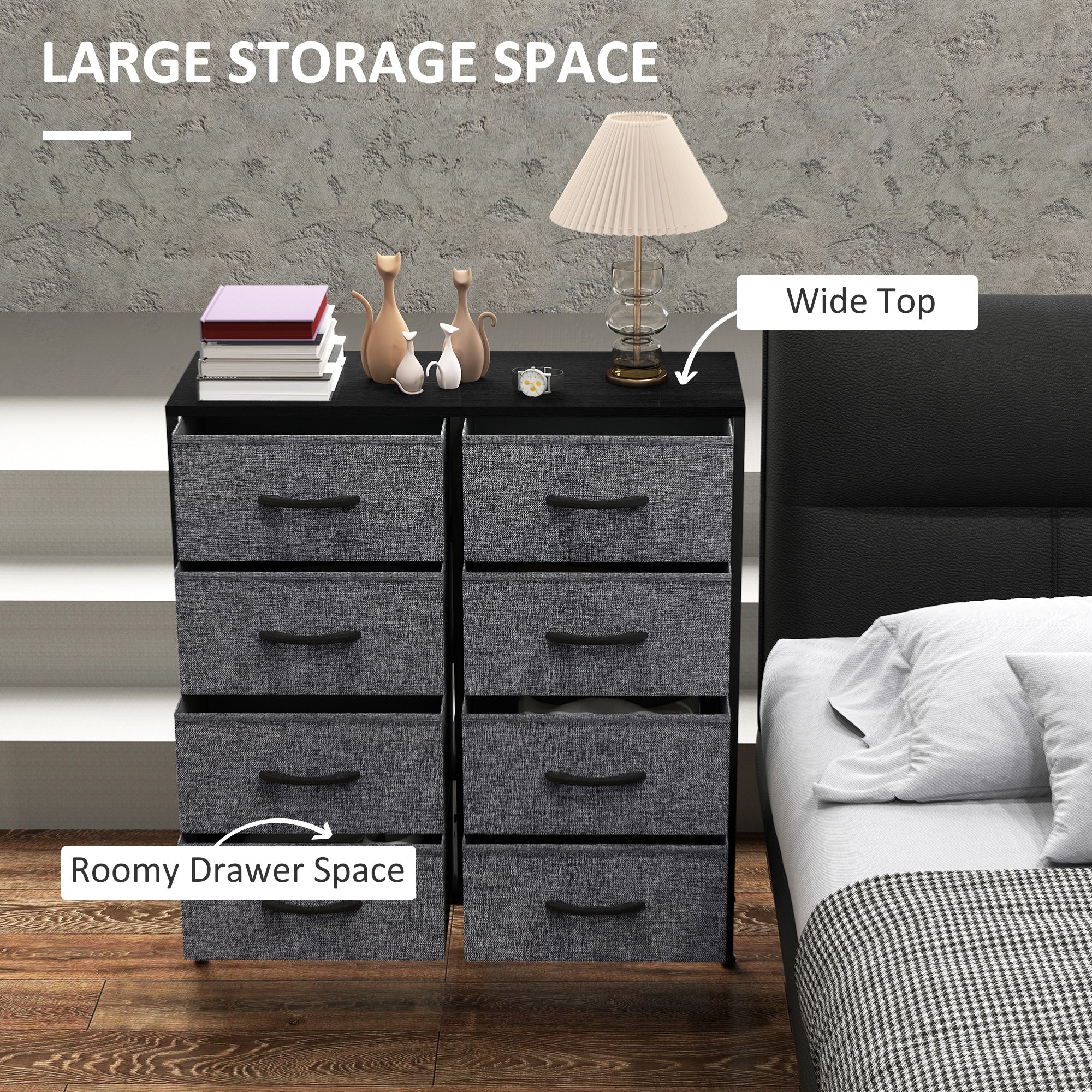 HOMCOM Fabric Chest of Drawers, Storage Drawers, Industrial Bedroom Dresser with 8 Fabric Drawers, Steel Frame and Wooden Top for Nursery, Living Room, Hallway, Black - North Peak Garden Furniture