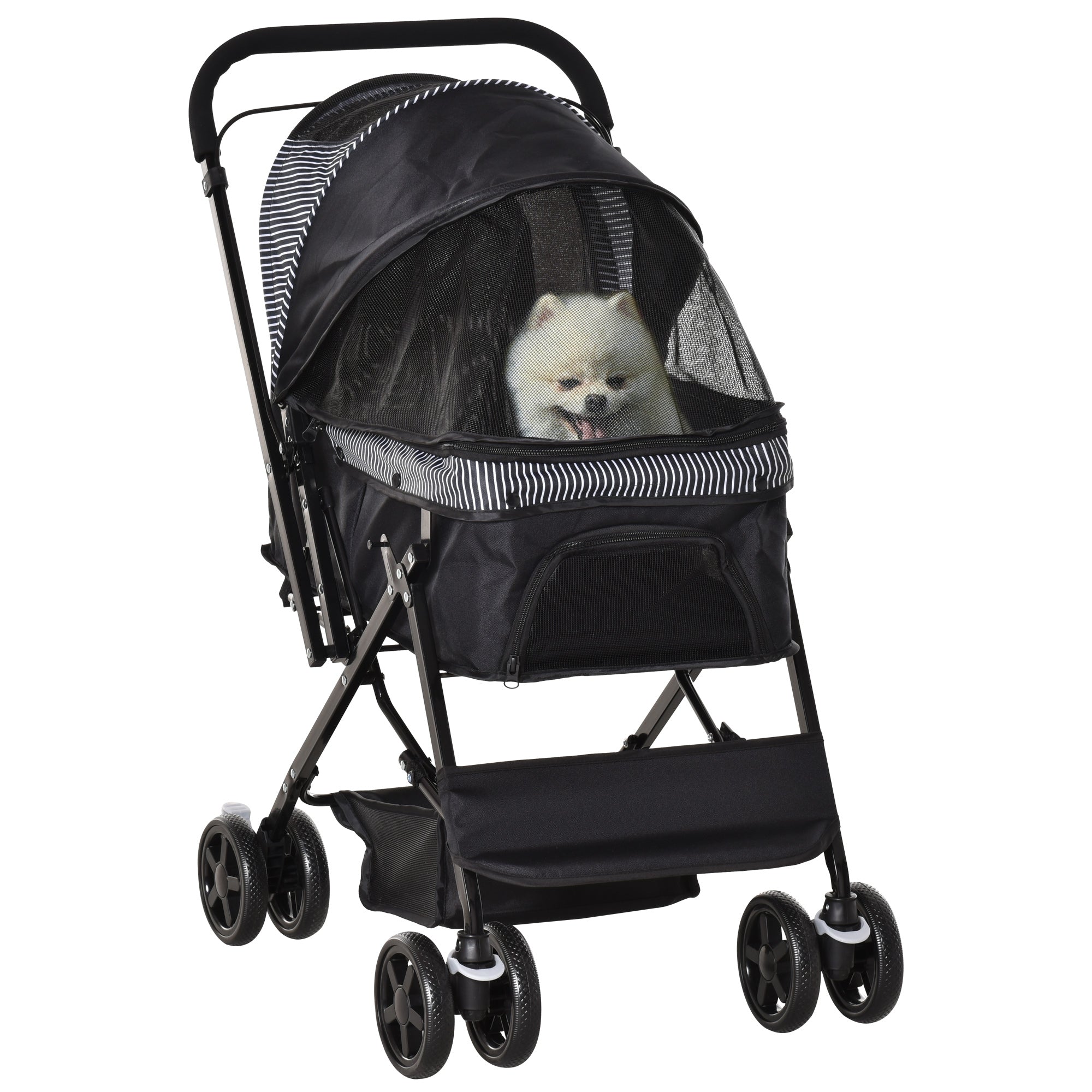 PawHut Pet Stroller Pushchair Foldable Travel Dog Cat Carriage w/ Reversible Handle Brake Basket - North Peak Garden Furniture