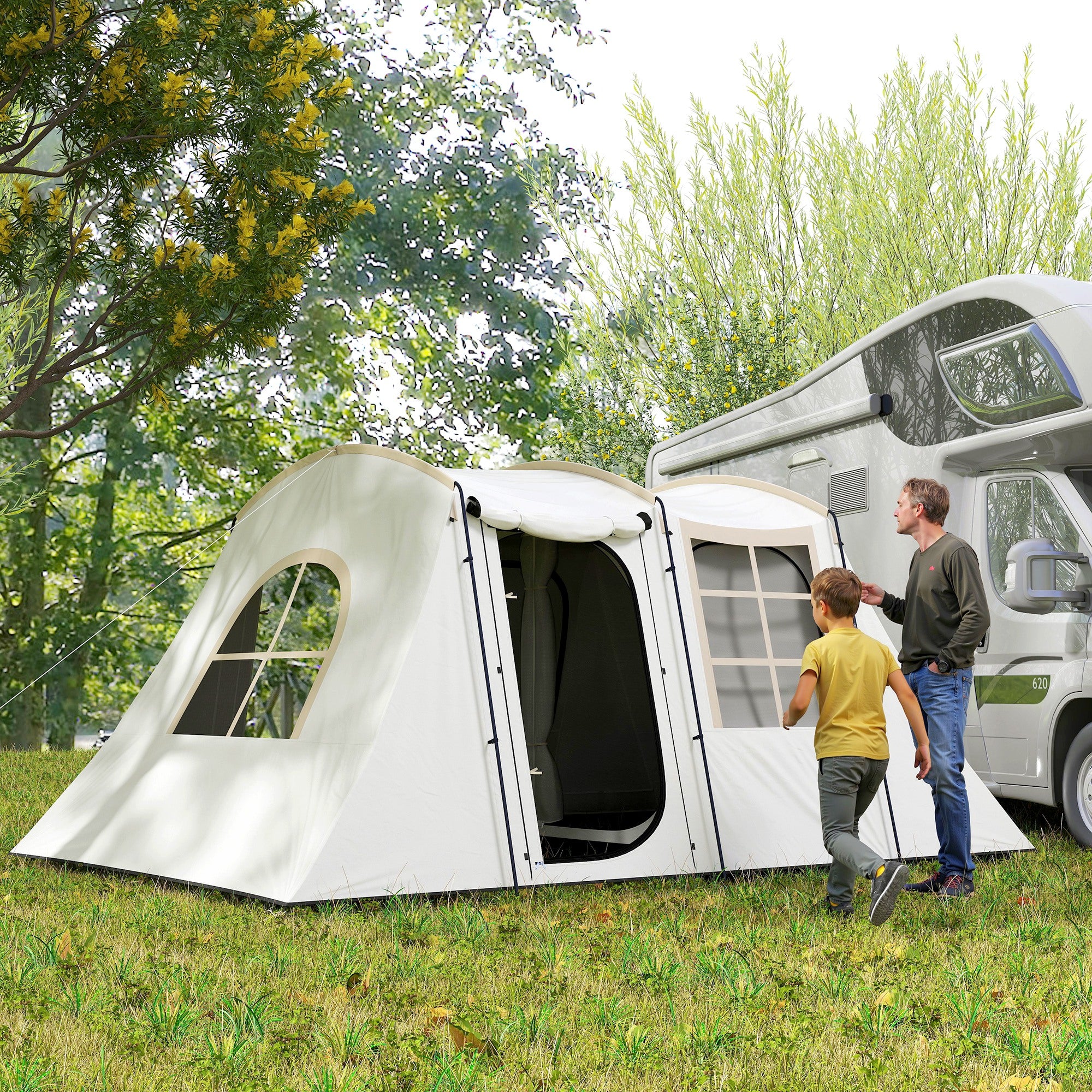 Outsunny 3-4 Man Tunnel Tent, Family Camping Tent with Porch, Bedroom and Living Area, Sewn in Groundsheet, 3000mm Waterproof, Portable with Bag for Hiking, Festival, Backpacking, Khaki - North Peak Garden Furniture