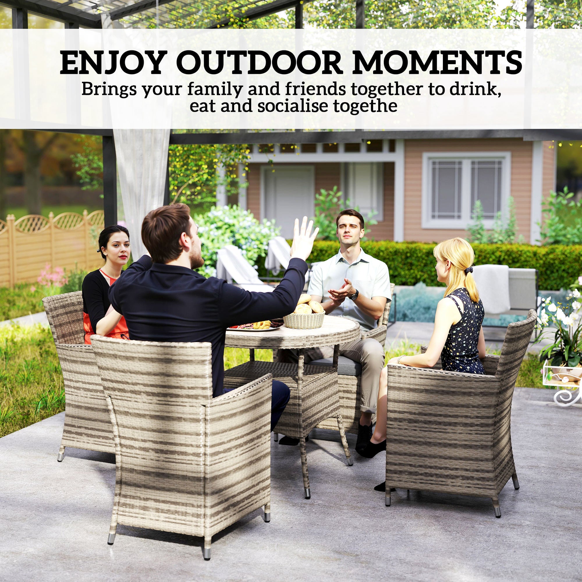 Outsunny Five-Piece Rattan Garden Set, with Two-Tier Table - Grey - North Peak Garden Furniture
