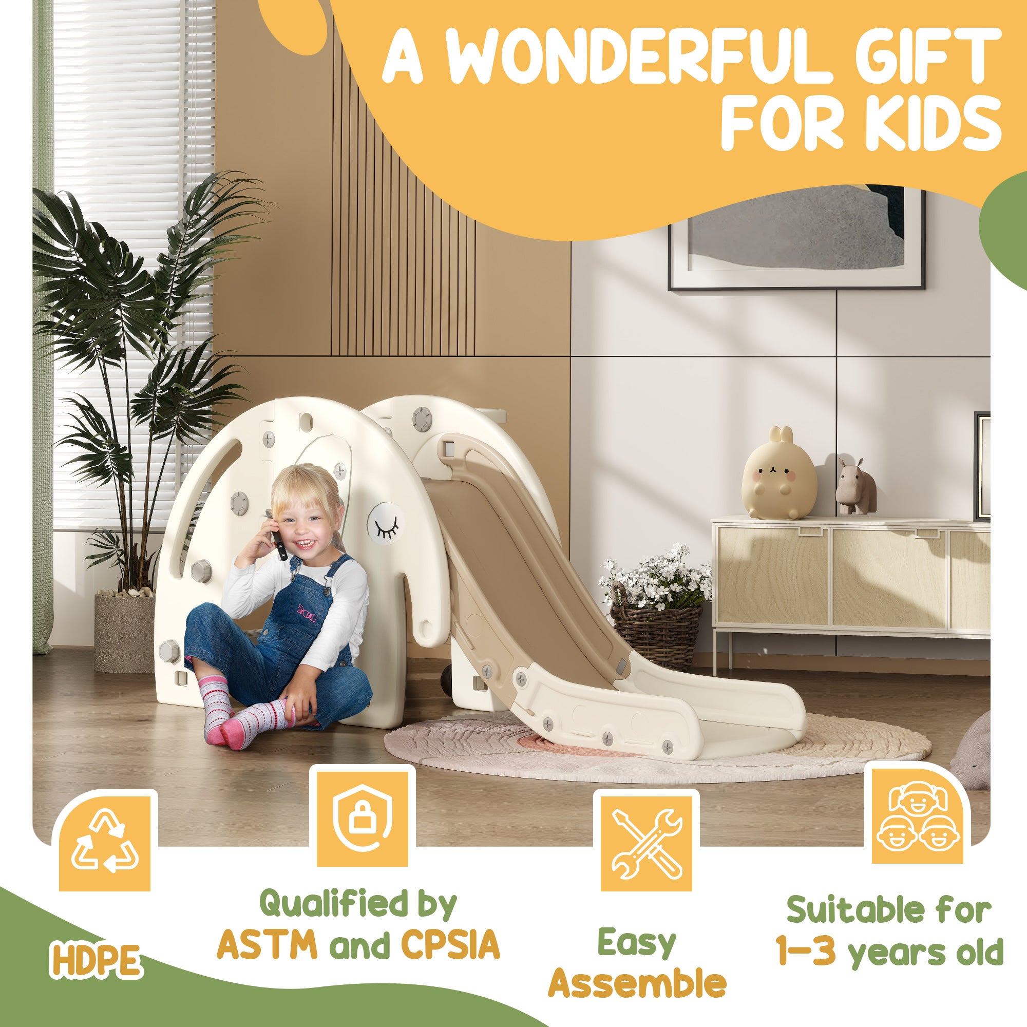 AIYAPLAY 3 in 1 Toddler Slide with Basketball Hoop, Climber, Elephant-Themed, for 1-3 Years, Cream White - North Peak Garden Furniture