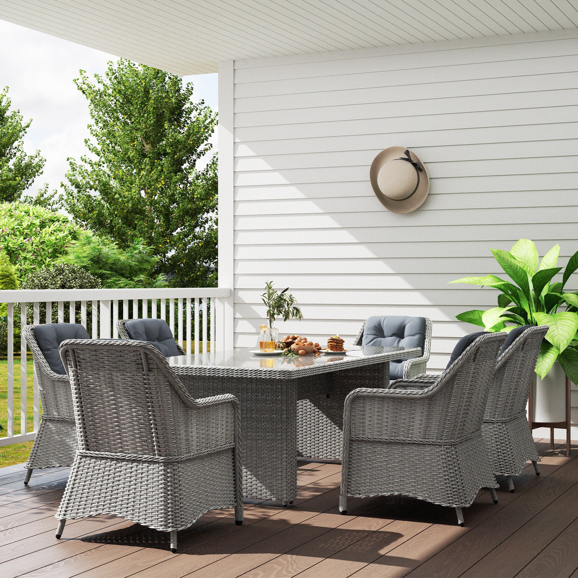 Outsunny 6 Seater Rattan Dining Set, Round PE Rattan Garden Furniture Set with Seat and Back Cushions, Aluminium Outdoor Dining Table and Chairs with 6 Armchairs, Rectangular Glass Top Table, Grey - North Peak Garden Furniture