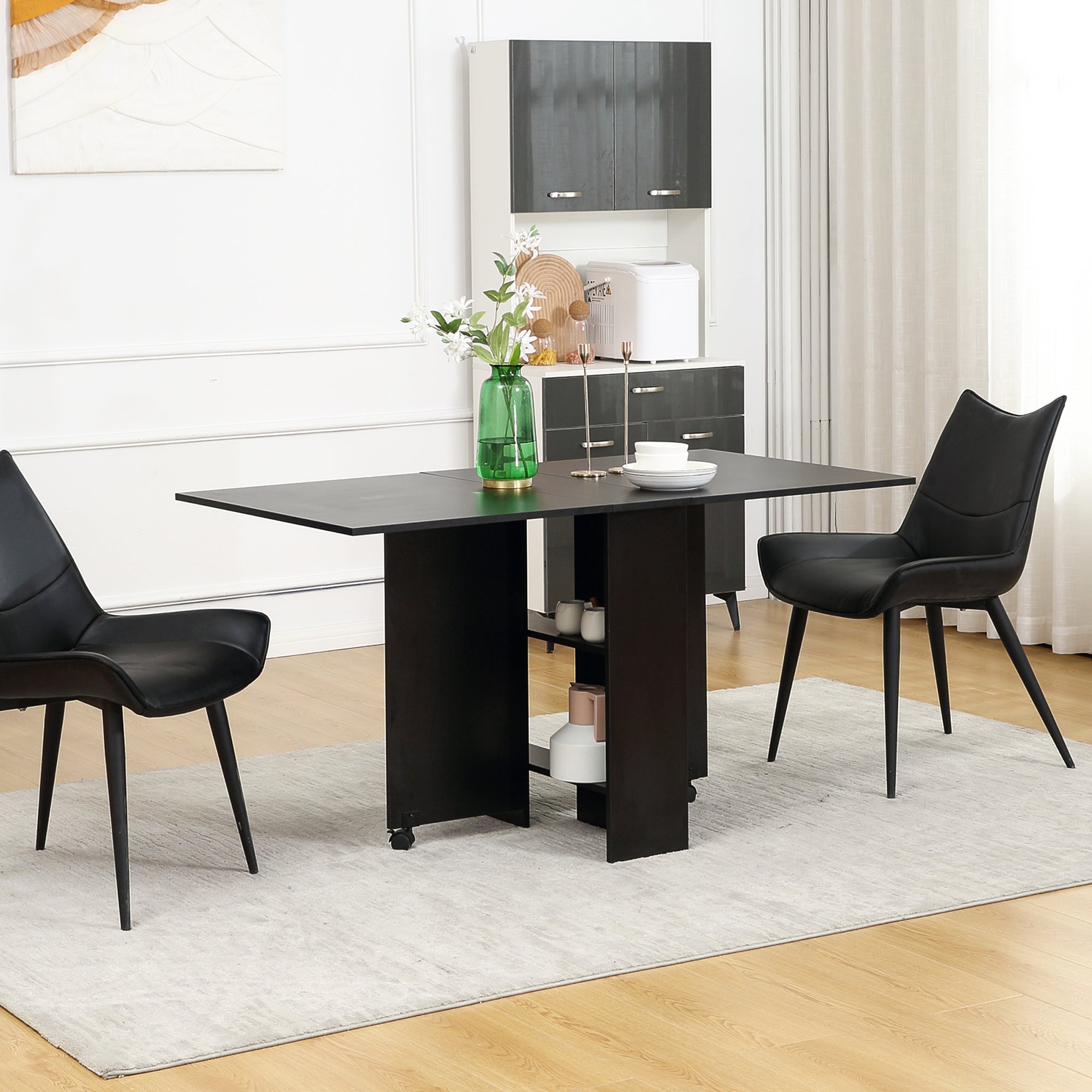 HOMCOM Foldable Dining Table, Extendable Drop Leaf Table with 2-tier Shelves, Small Dinner Table with Rolling Casters - North Peak Garden Furniture