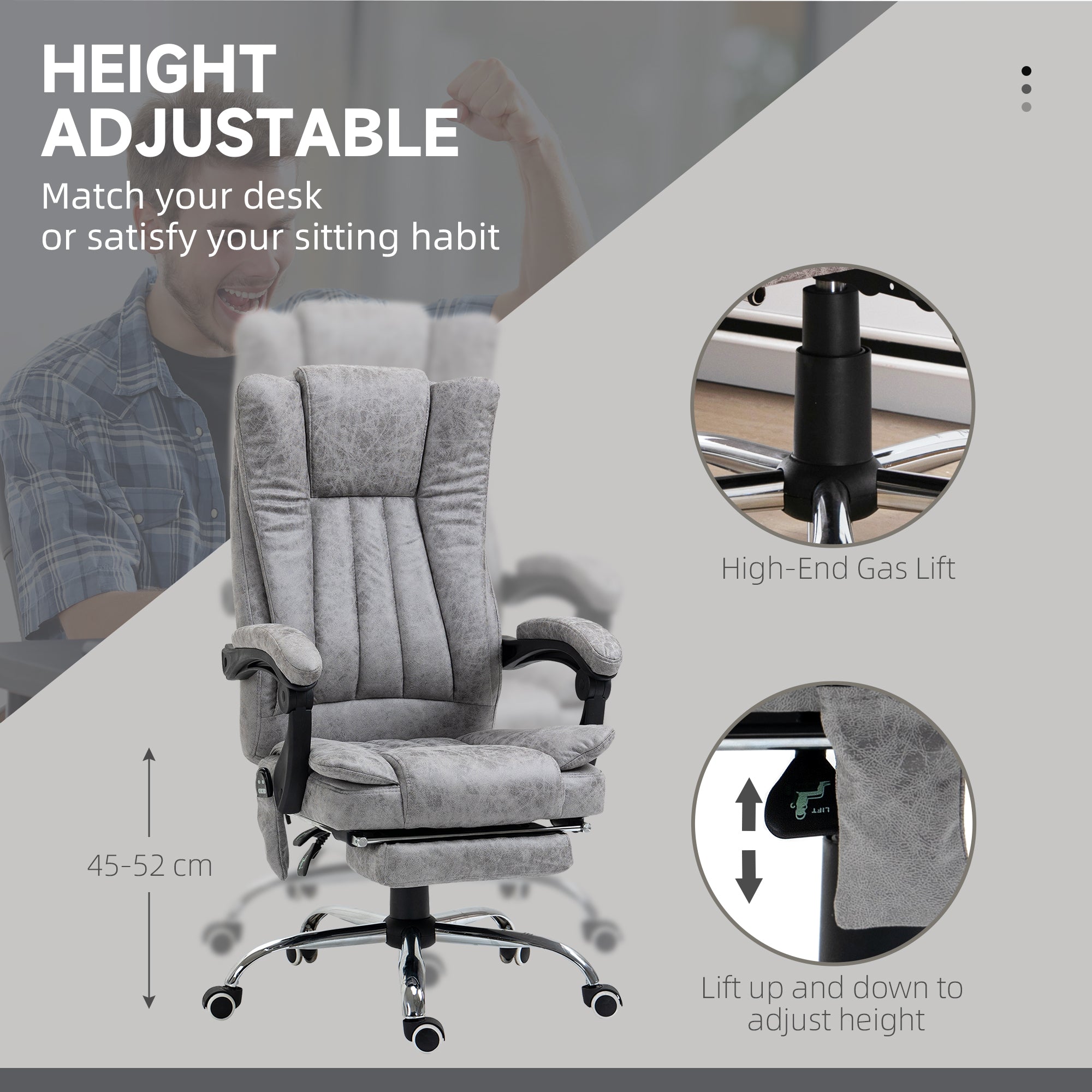 Vinsetto Office Chair with Massage and Heat, Microfibre Reclining Computer Desk Chair with Footrest and Adjustable Height, Swivel Wheels for Home Office, Grey - North Peak Garden Furniture