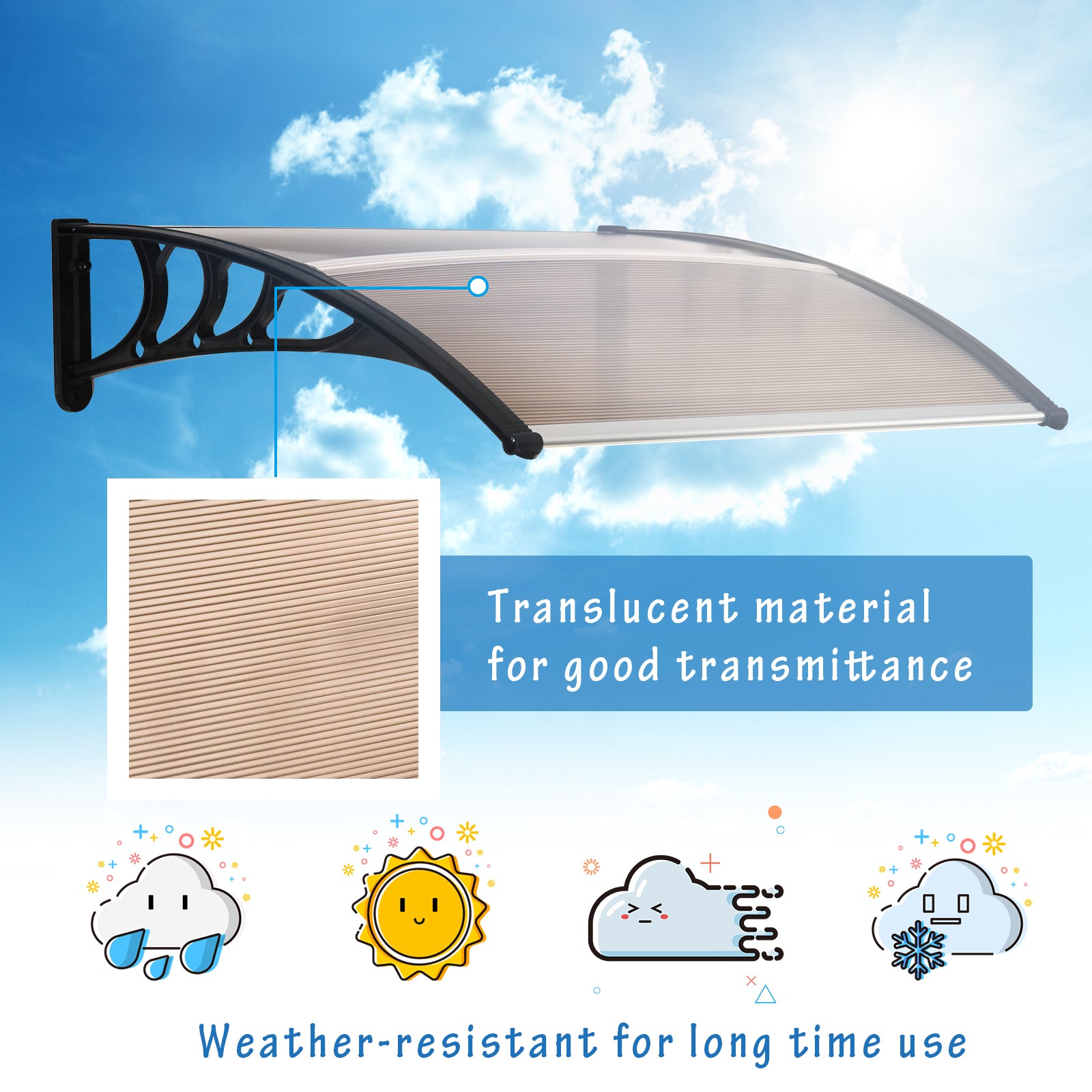 Outsunny Curved Window Door Canopy Aluminium Rigid Plastic Polycarbonate Fixed Outdoor Awning Modern Design UV Water Rain Resist 120 x 75cm Brown - North Peak Garden Furniture