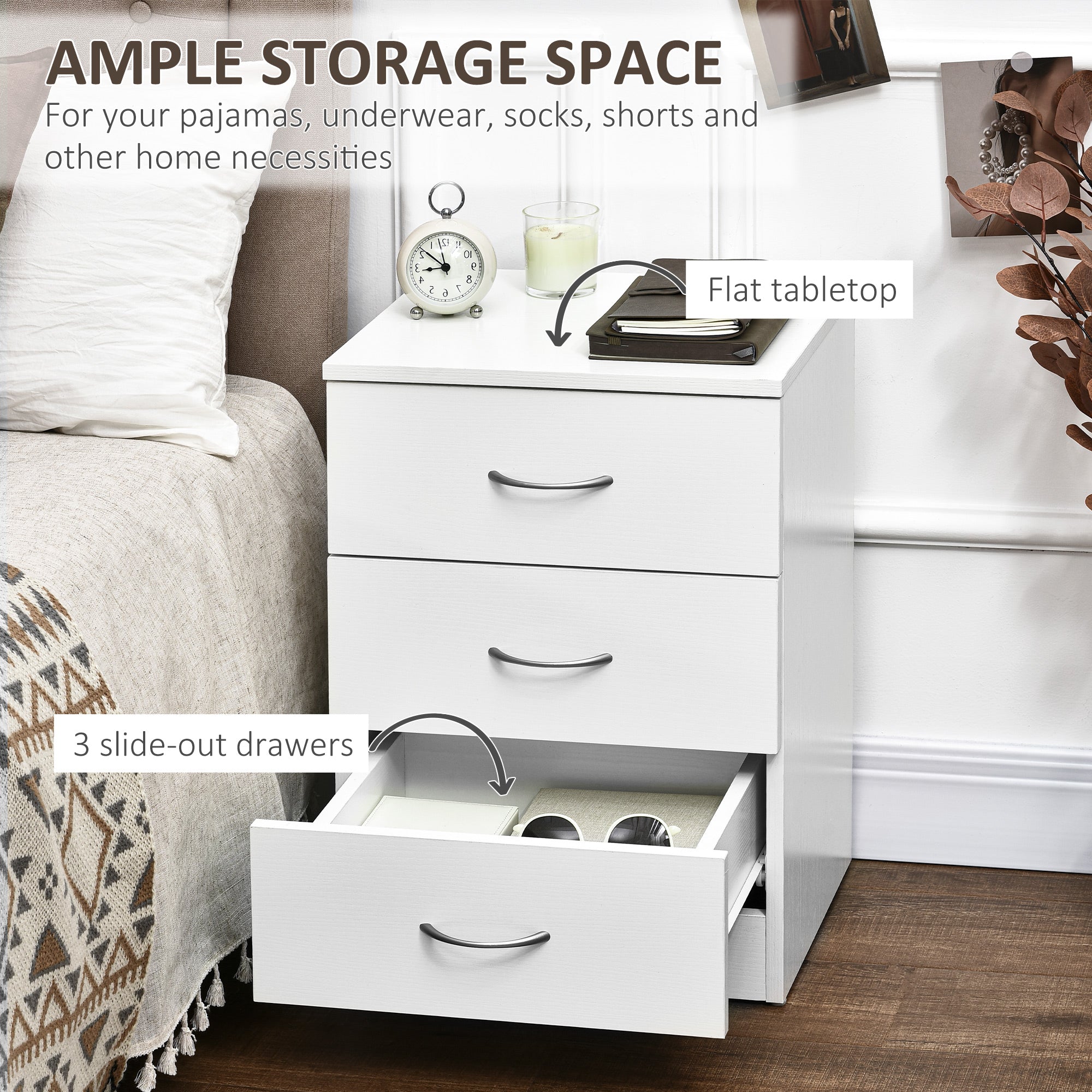 HOMCOM Three-Drawer Simple Bedside Table - White - North Peak Garden Furniture