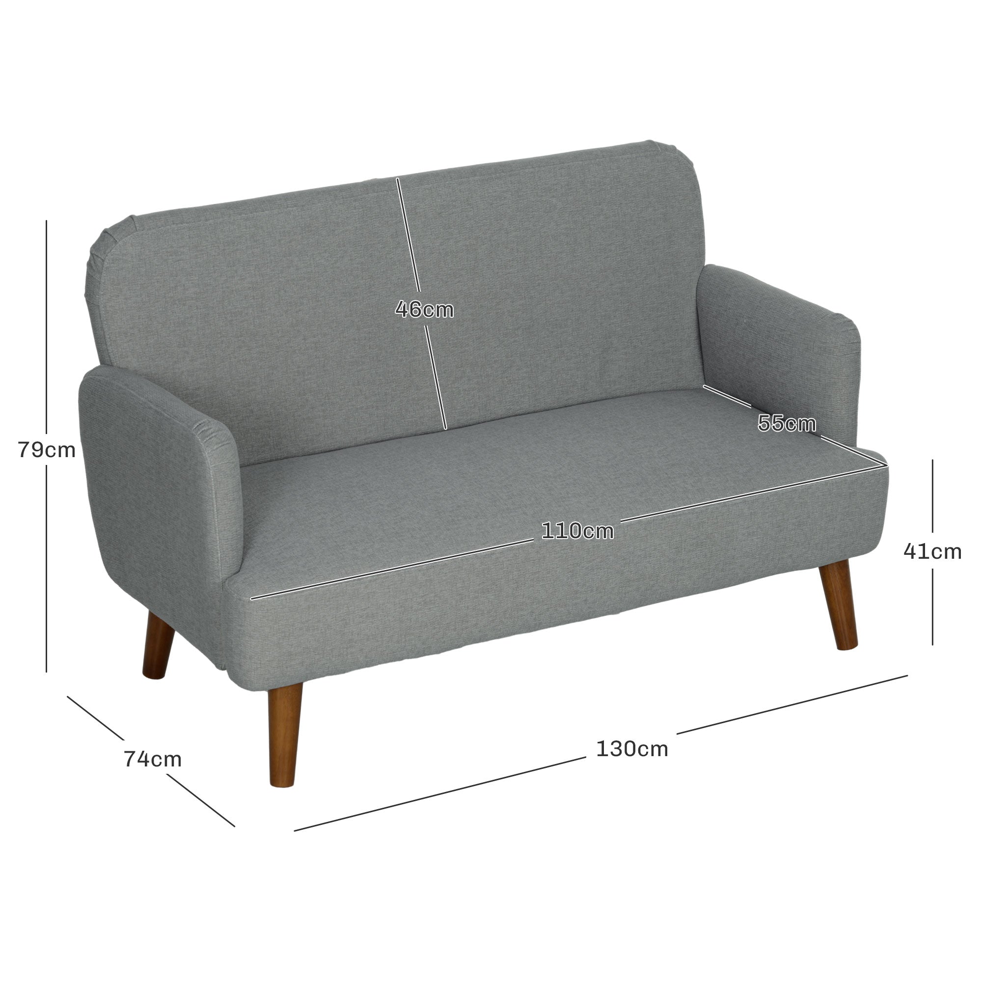HOMCOM Velvet Feel Fabric 2 Seater Sofa, Small Sofa Loveseat with 21cm Thick Padding and Wood Legs, Grey - North Peak Garden Furniture