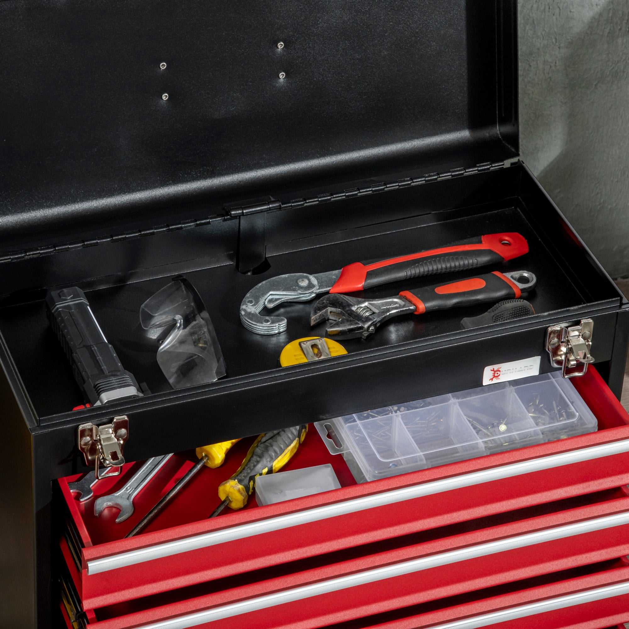 DURHAND 4 Drawer Tool Chest, Lockable Metal Tool Box with Ball Bearing Runners, Portable Toolbox, 510mm x 220mm x 395mm, Black - North Peak Garden Furniture
