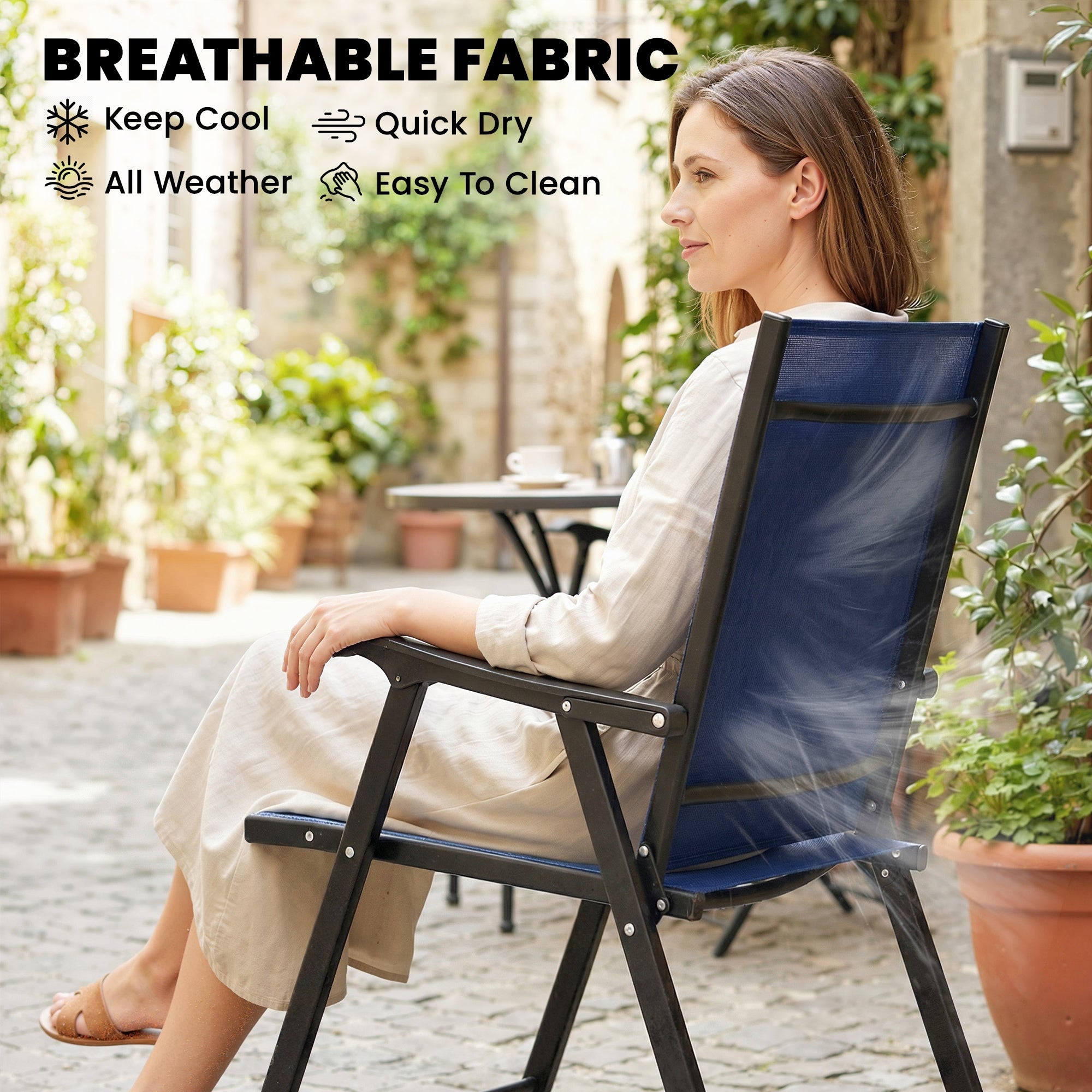 Outsunny Folding Garden Chairs Set of 2, Foldable Garden Dining Chairs with High Back, Armrests, Texteline Seat, Navy Blue