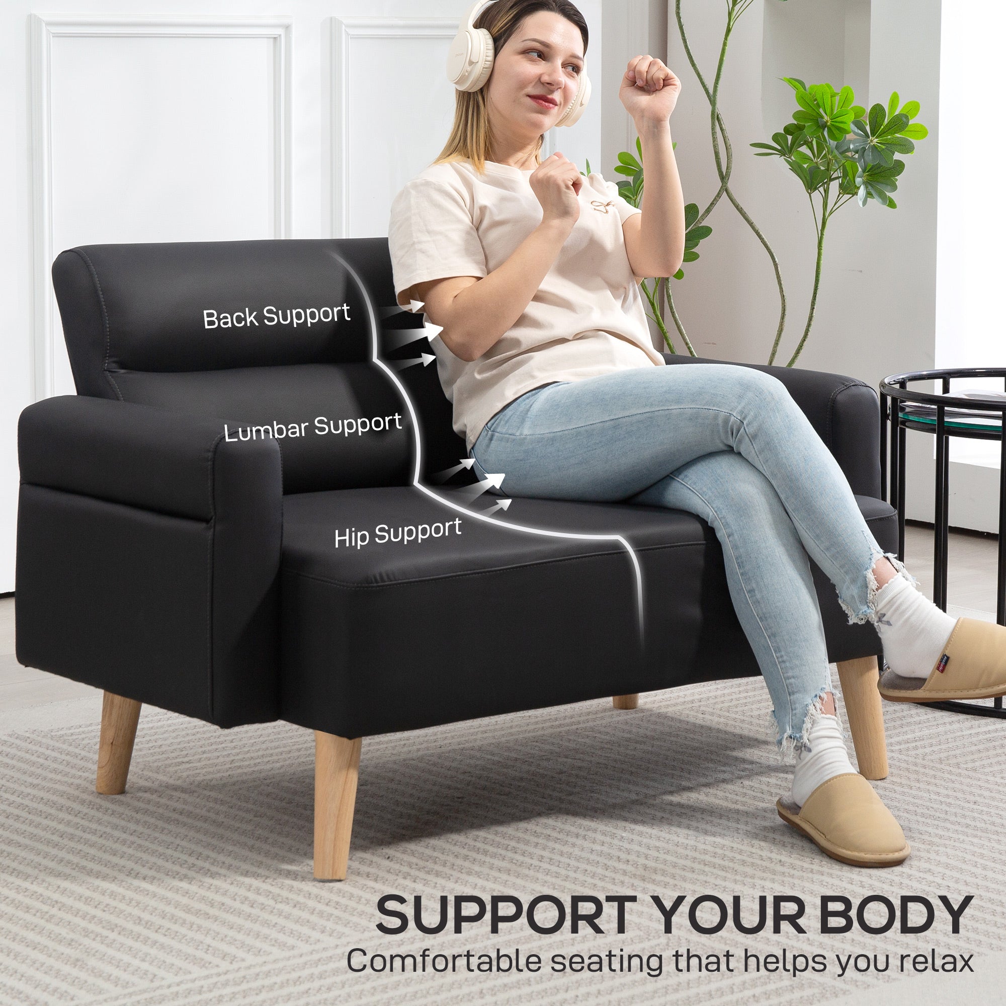 HOMCOM Small Faux Leather 2 Seater Sofa Settee - Black - North Peak Garden Furniture