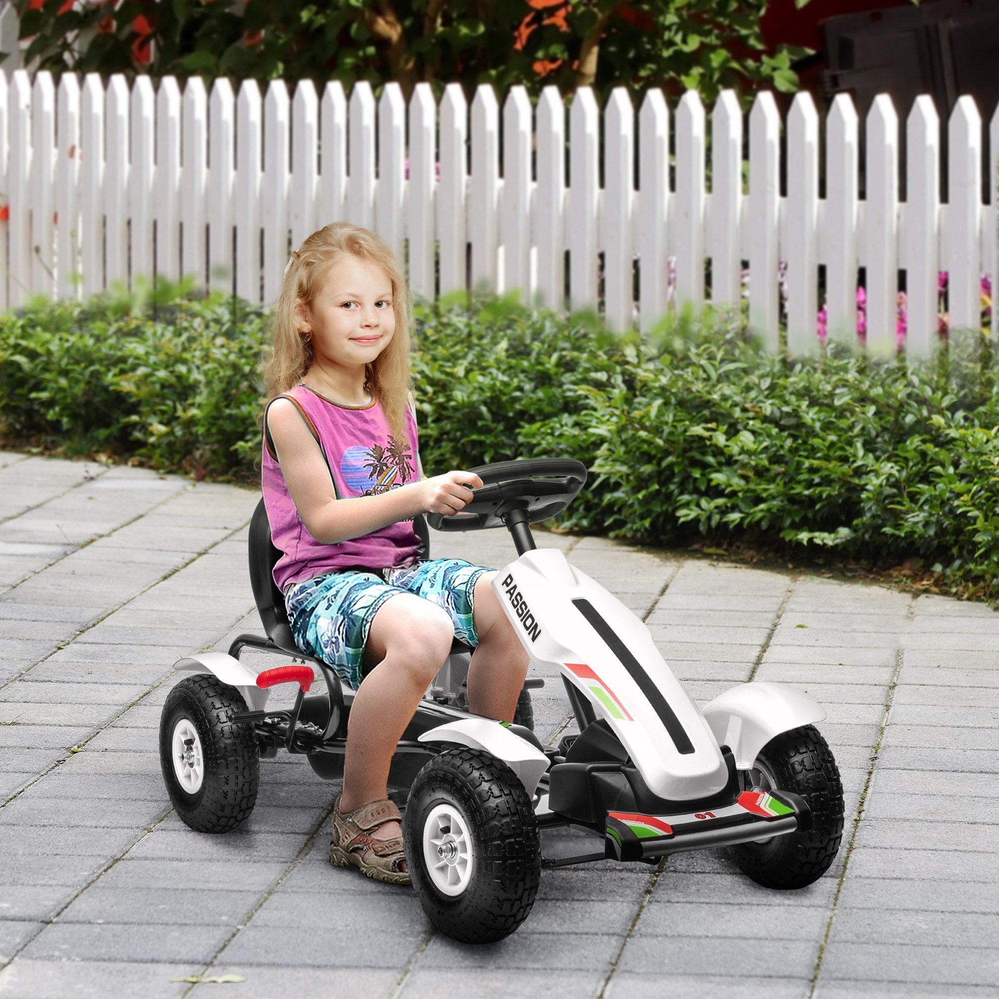 HOMCOM Children Pedal Go Kart, Kids Ride On Racer with Adjustable Seat, Inflatable Rubber Tyres, Handbrake, for Ages 5-12 Years - White - North Peak Garden Furniture