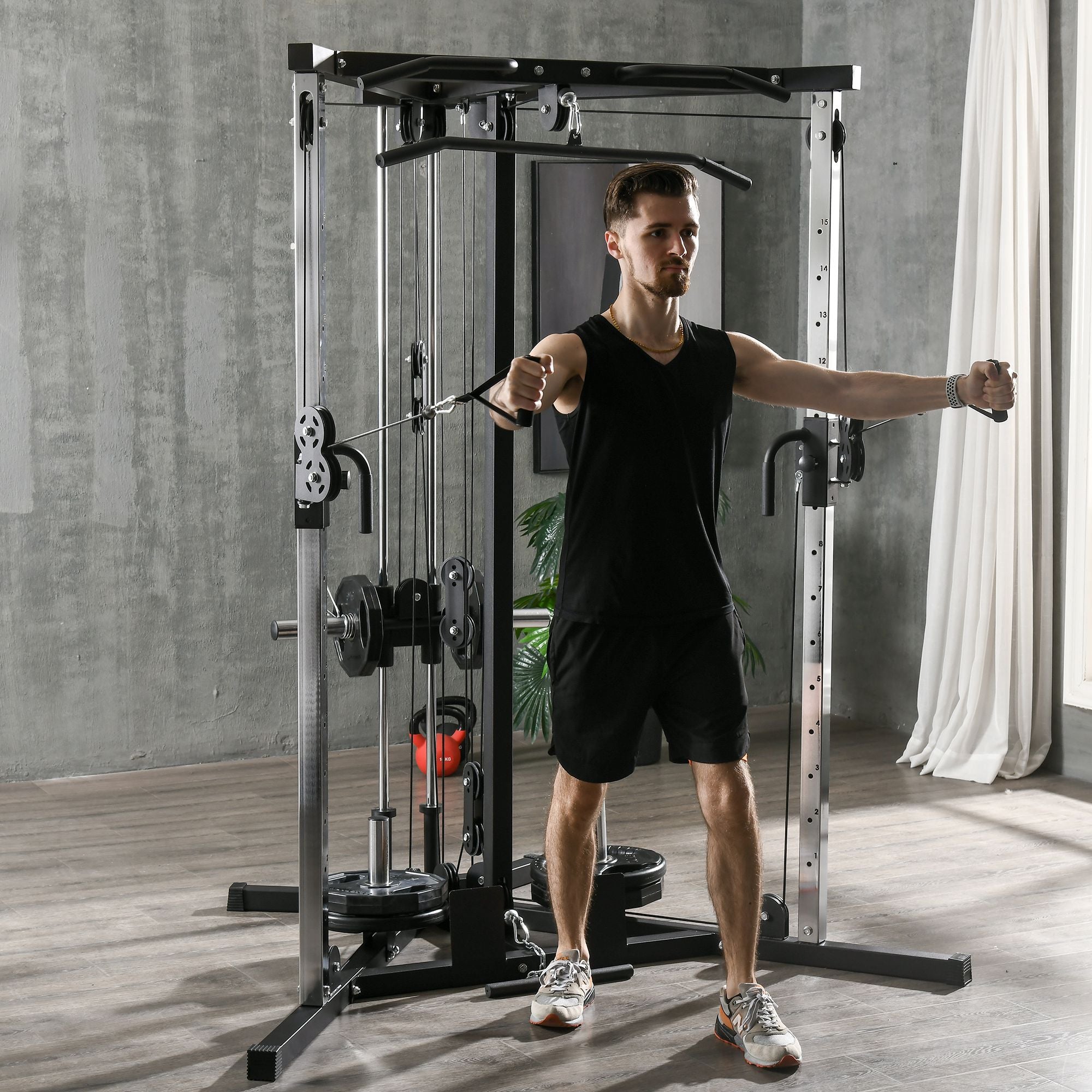 SPORTNOW Home Gym Machine, Multifunctional Gym Equipment with High and Low Pulleys, Pull Up Bar, 15-Position Adjustable Strength Training Workout Station for Full Body Fitness - North Peak Garden Furniture