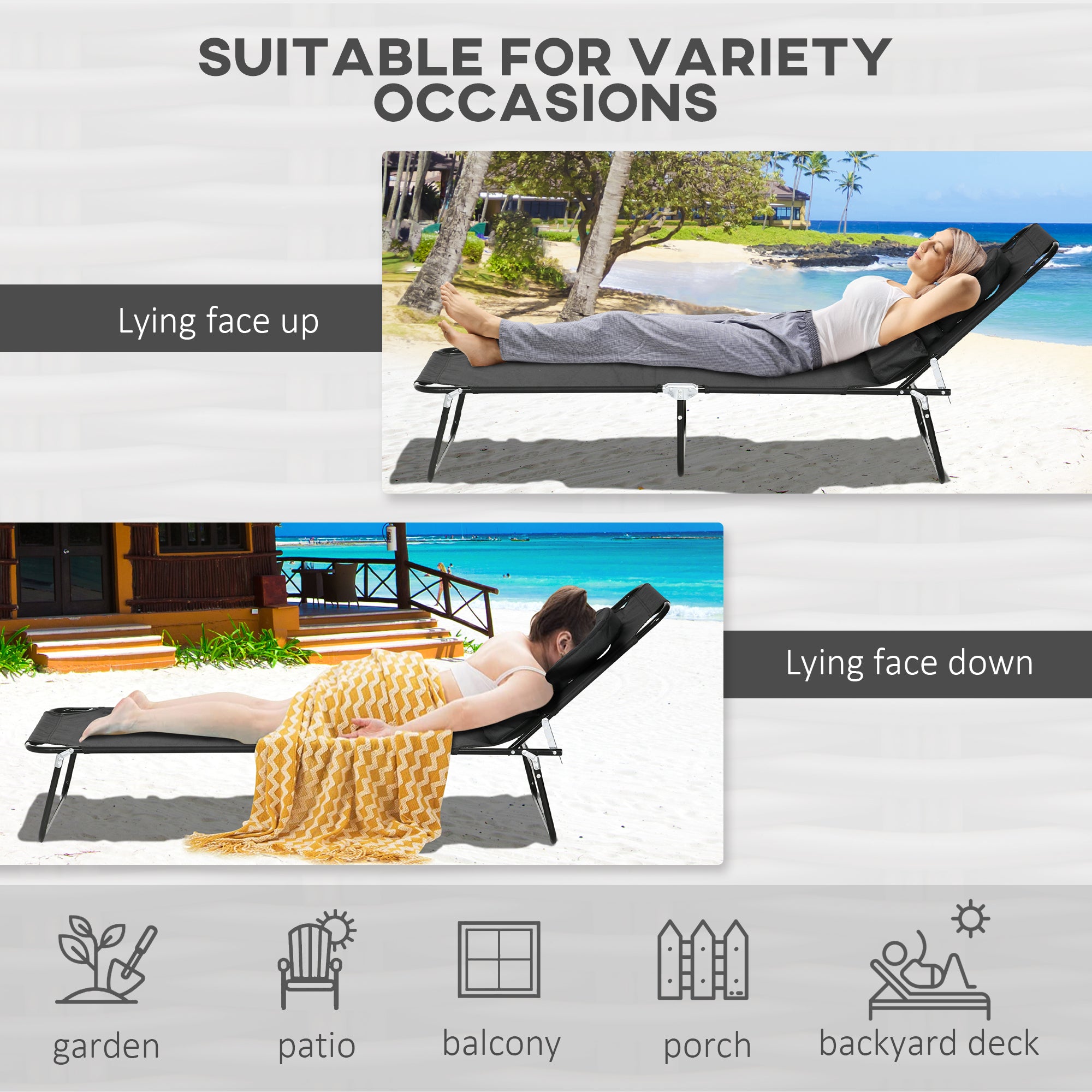 Outsunny Outdoor Foldable Sun Lounger Set of 2, 4 Level Adjustable Backrest Reclining Sun Lounger Chair with Pillow and Reading Hole, Black